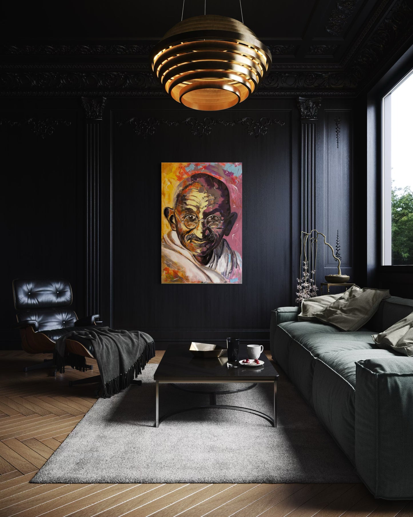 Gandhi Original Painting in luxury living room in black interior