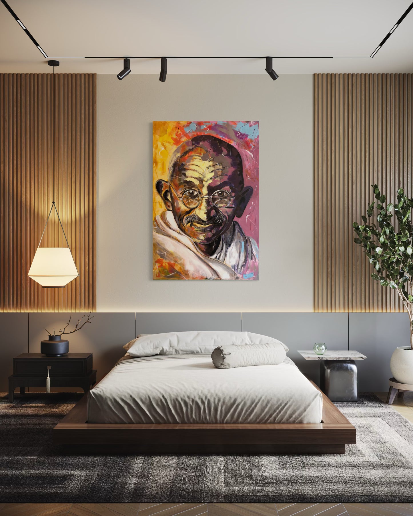 Gandhi Original Painting in luxury master bedroom