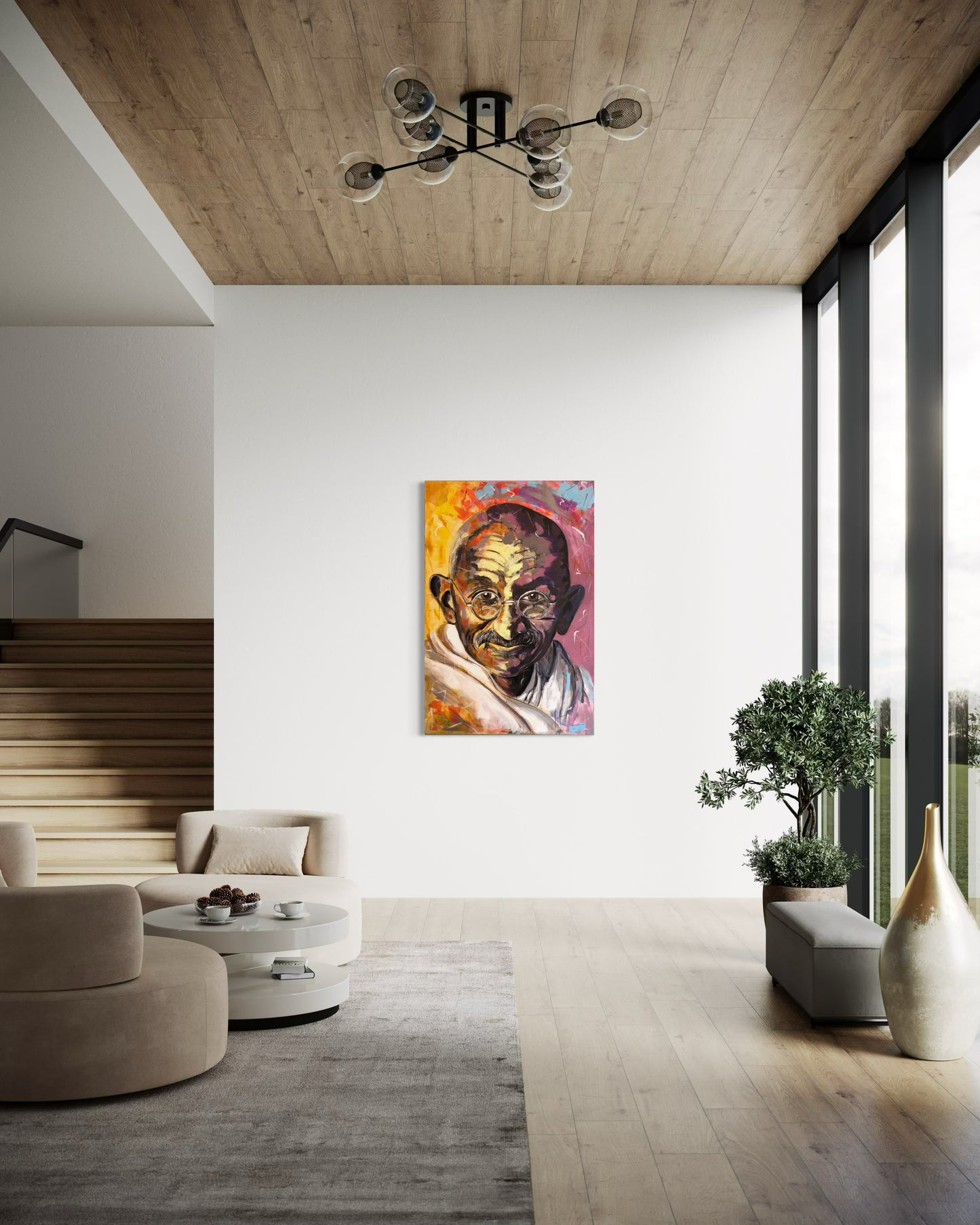 Gandhi Original Painting in large foyer with staircase