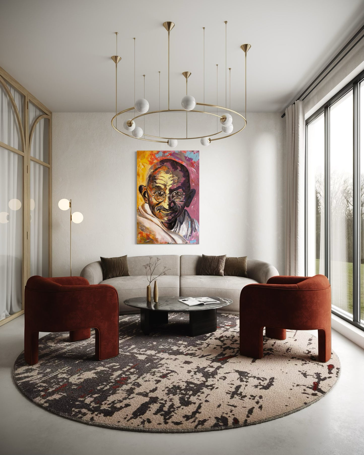 Gandhi Original Painting in large living room with extraordinary round carpet