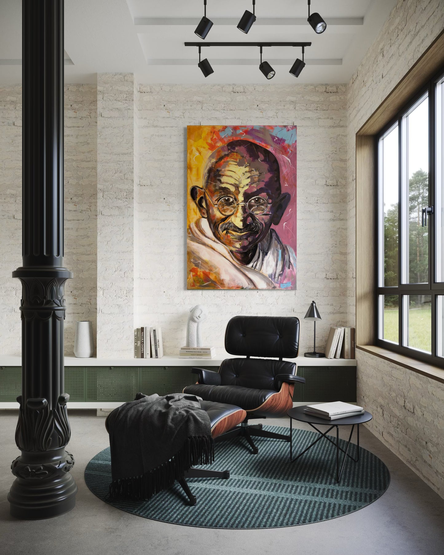Gandhi Original Painting in stylish living room with black column
