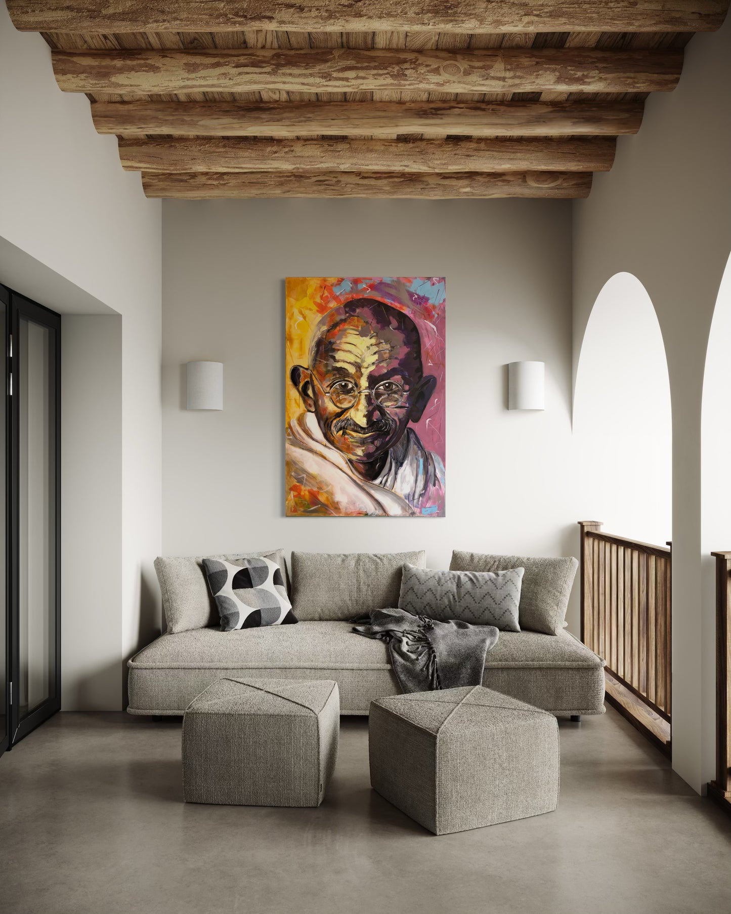 Gandhi Original Painting on an inner veranda with seating area