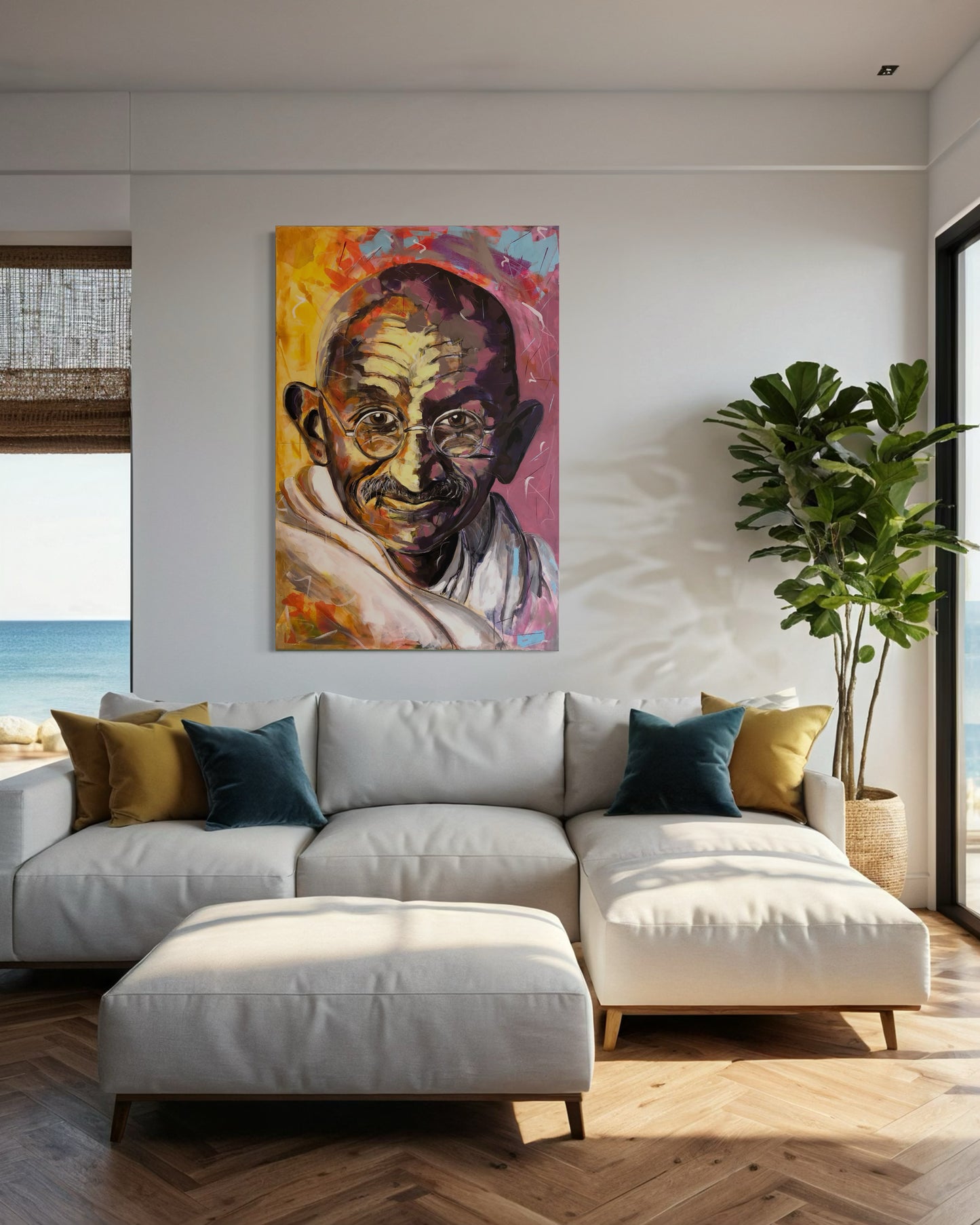 Gandhi Original Painting with comfortable couch and view to the sea