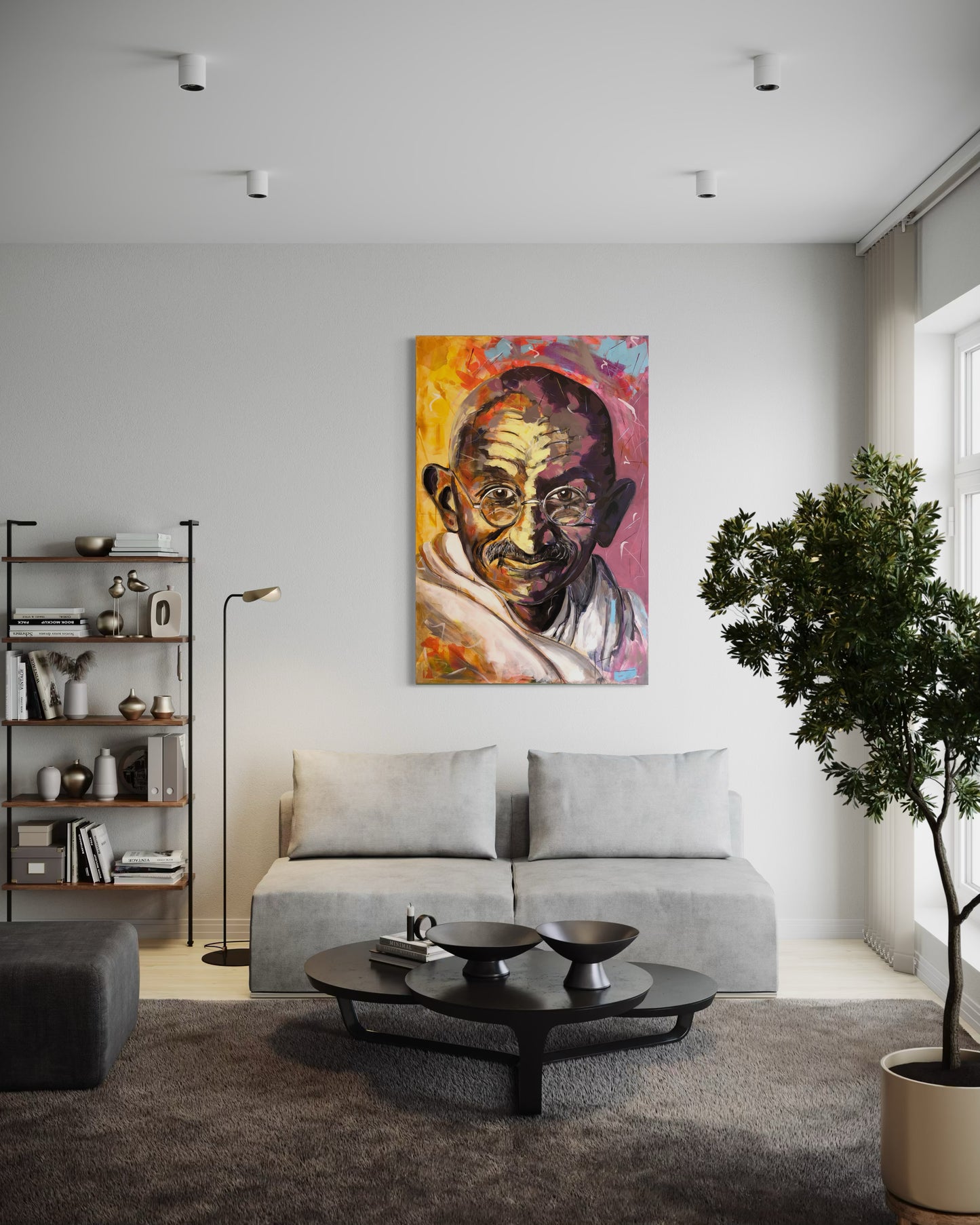 Gandhi Original Painting over middle couch and shelf