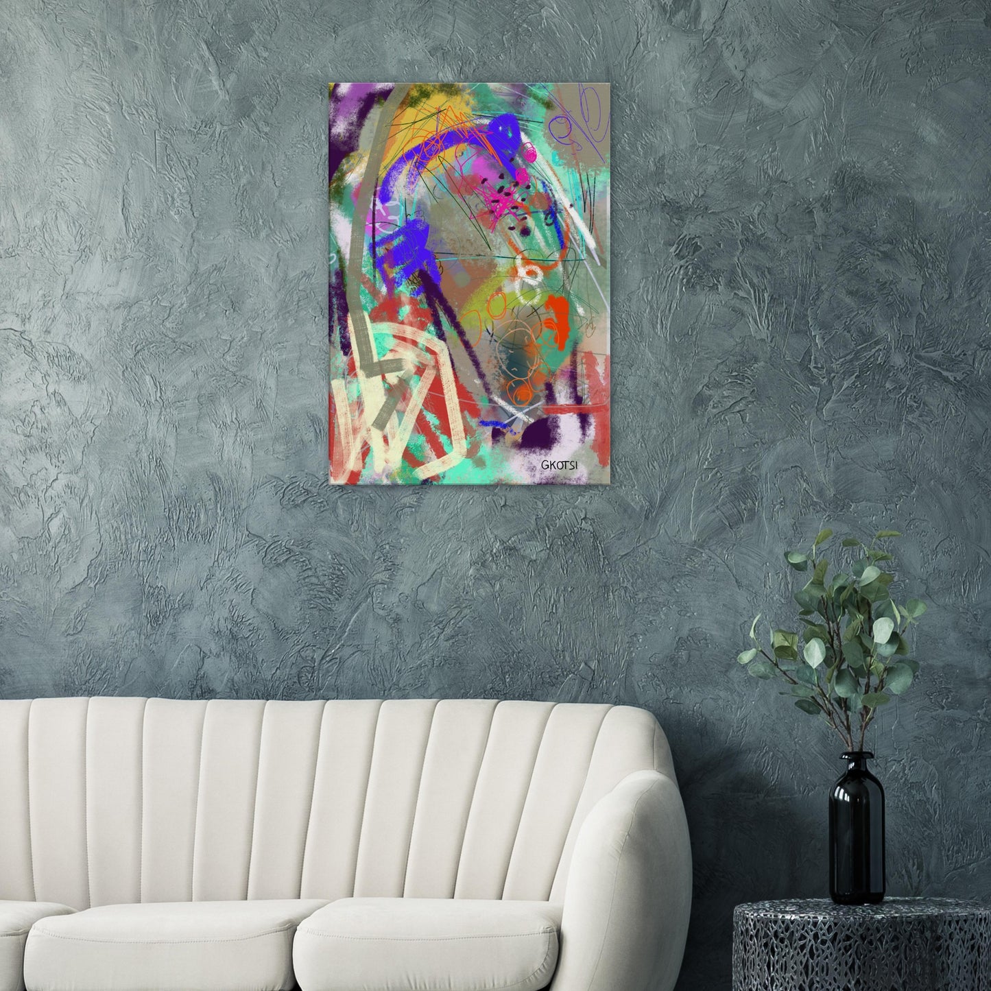 HANGING OUT Digital Canvas Print hanging above grey sofa as statement piece