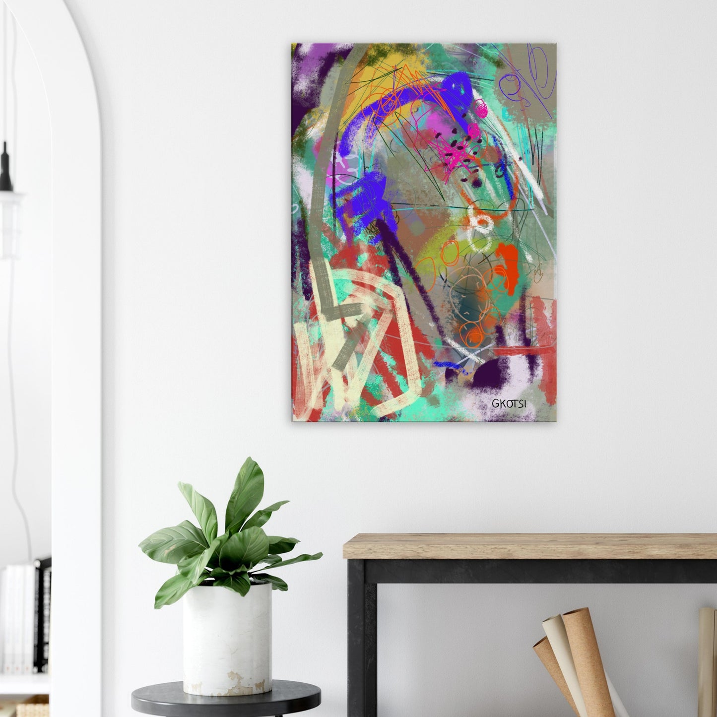 HANGING OUT Digital Canvas Print in dining area with wooden table and decorative plant