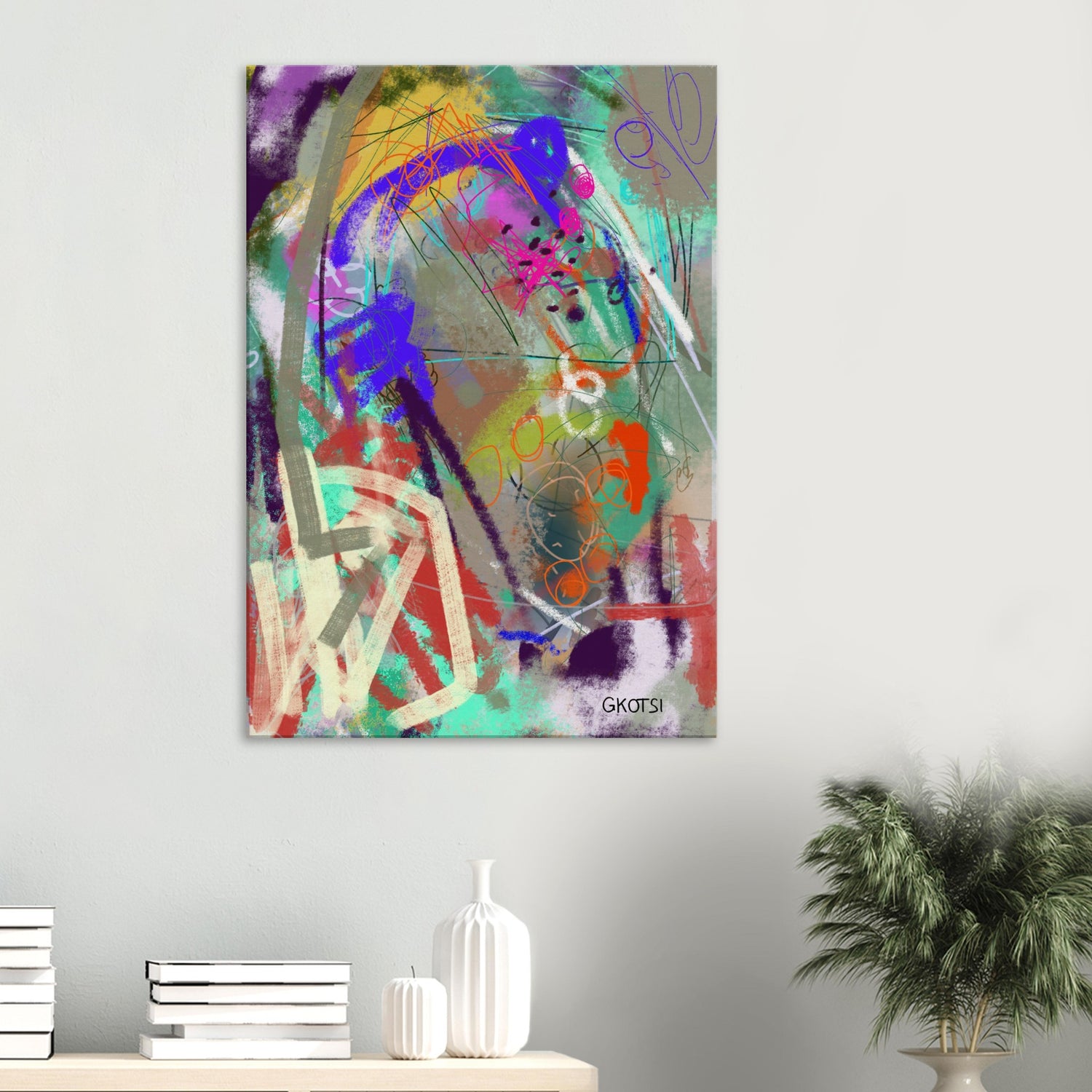 HANGING OUT Digital Canvas Print mounted above side table with green plant