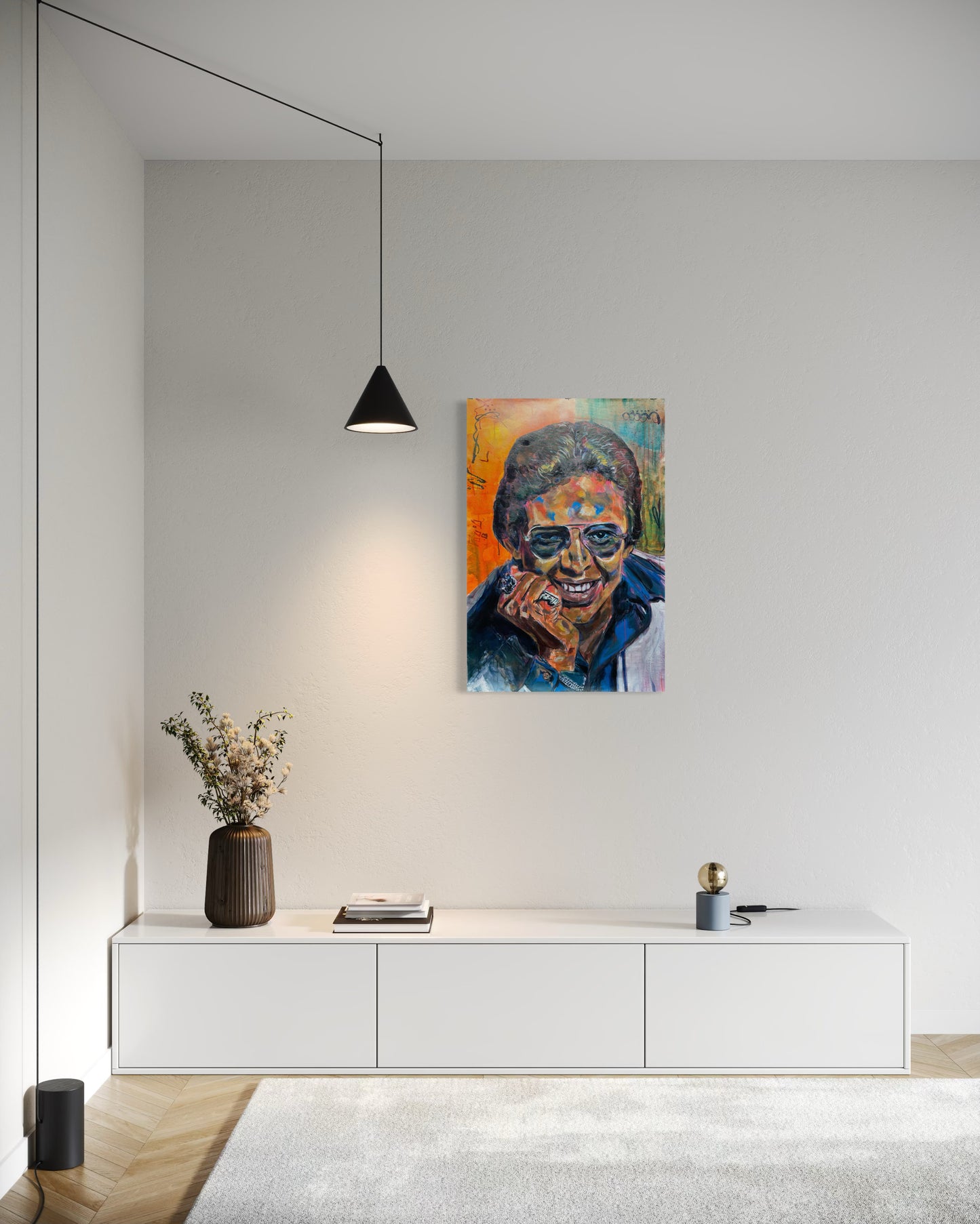 Hector Lavoe Original Painting above white stylish dresser