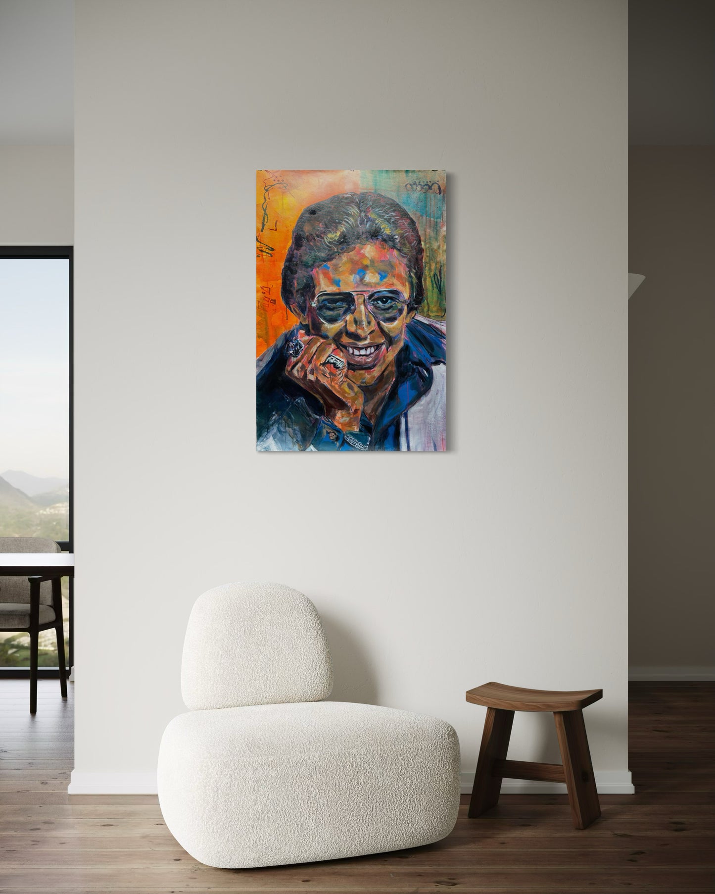 Hector Lavoe Original Painting above white stylish sofa