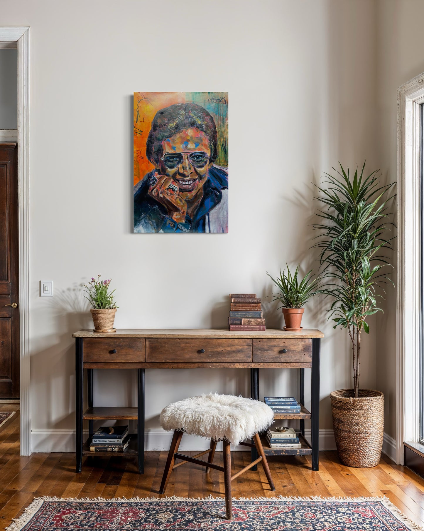 Hector Lavoe Original Painting above wooden dresser