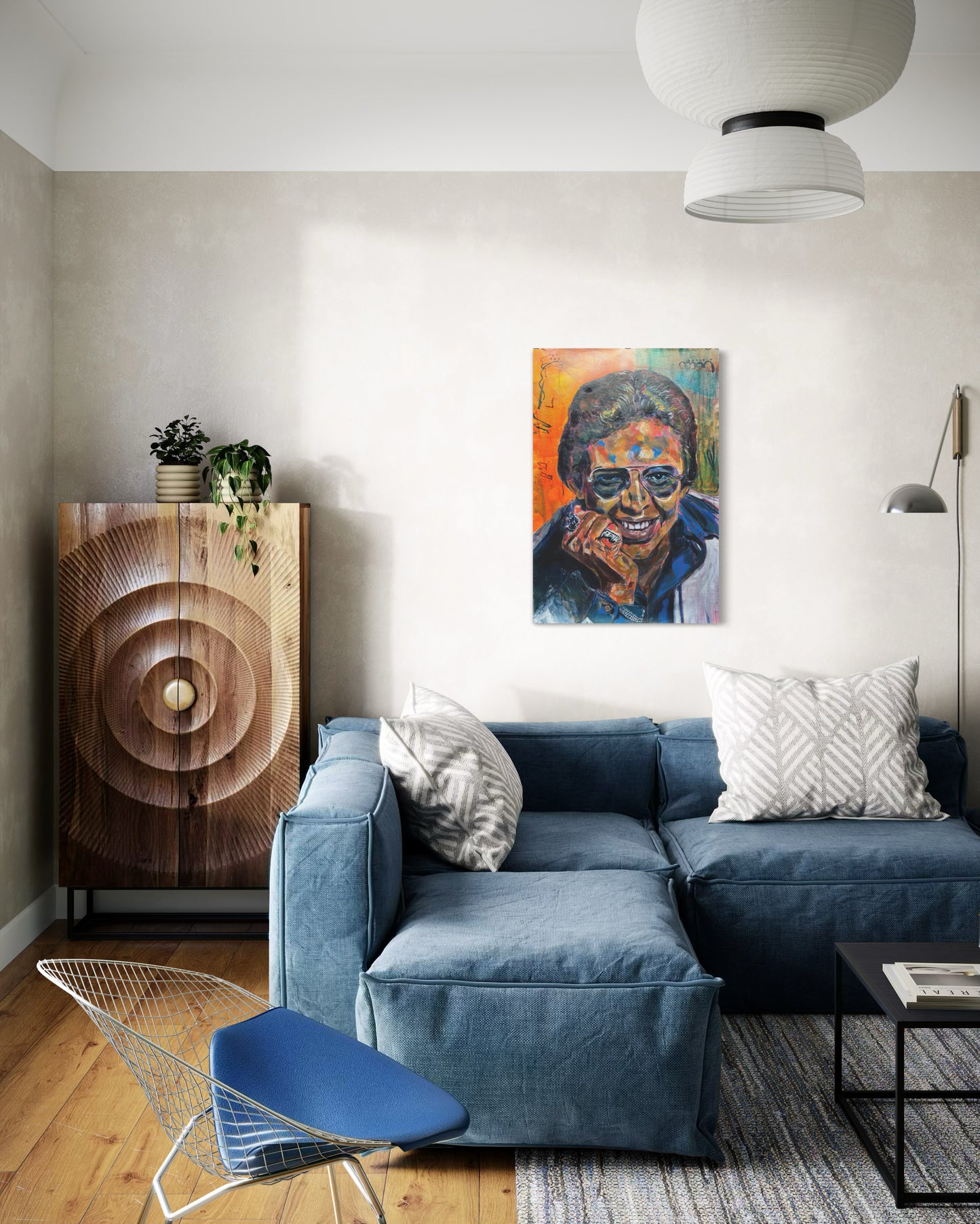 Hector Lavoe Original Painting over blue velvet couch