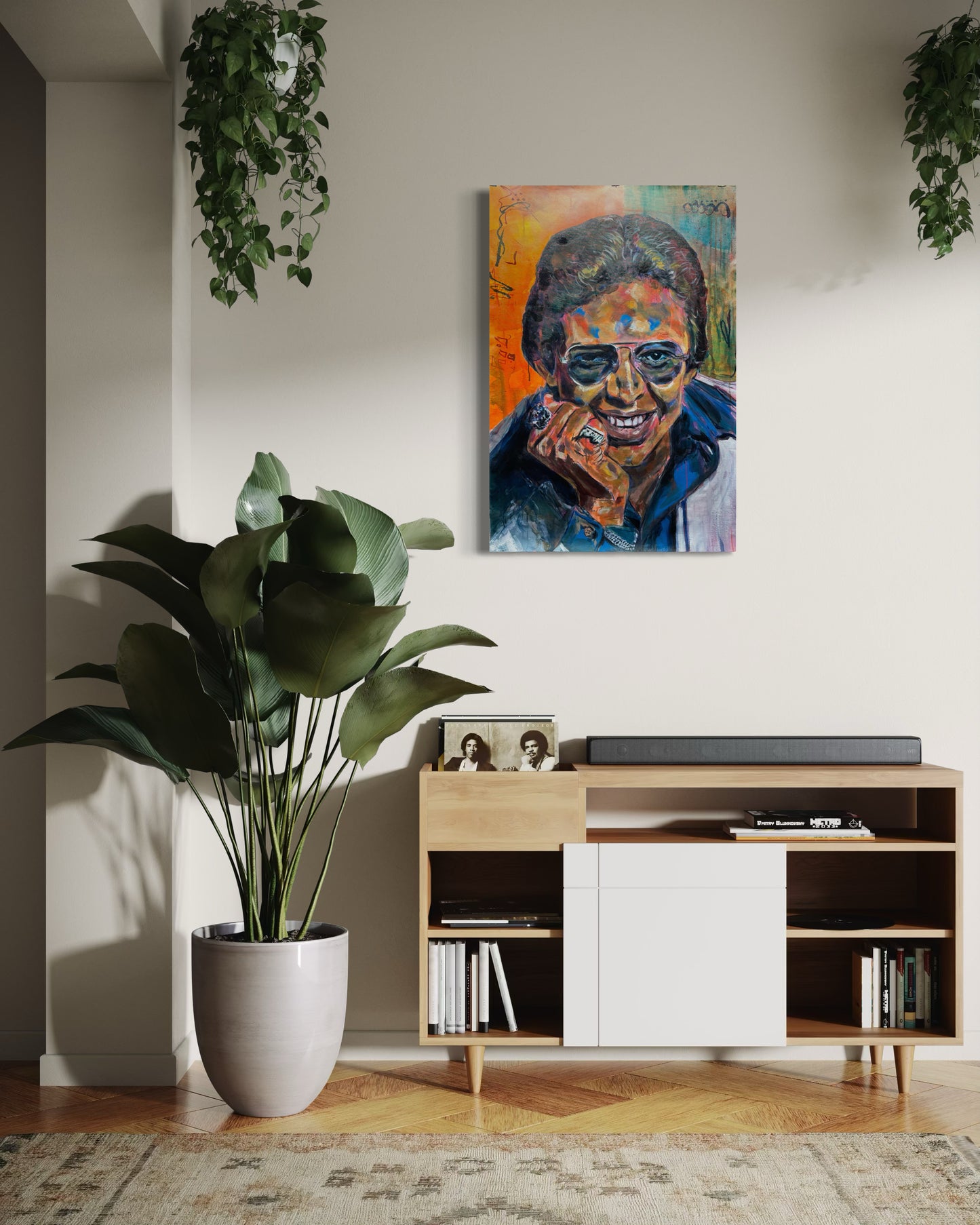 Hector Lavoe Original Painting over wooden stylish dresser with plants