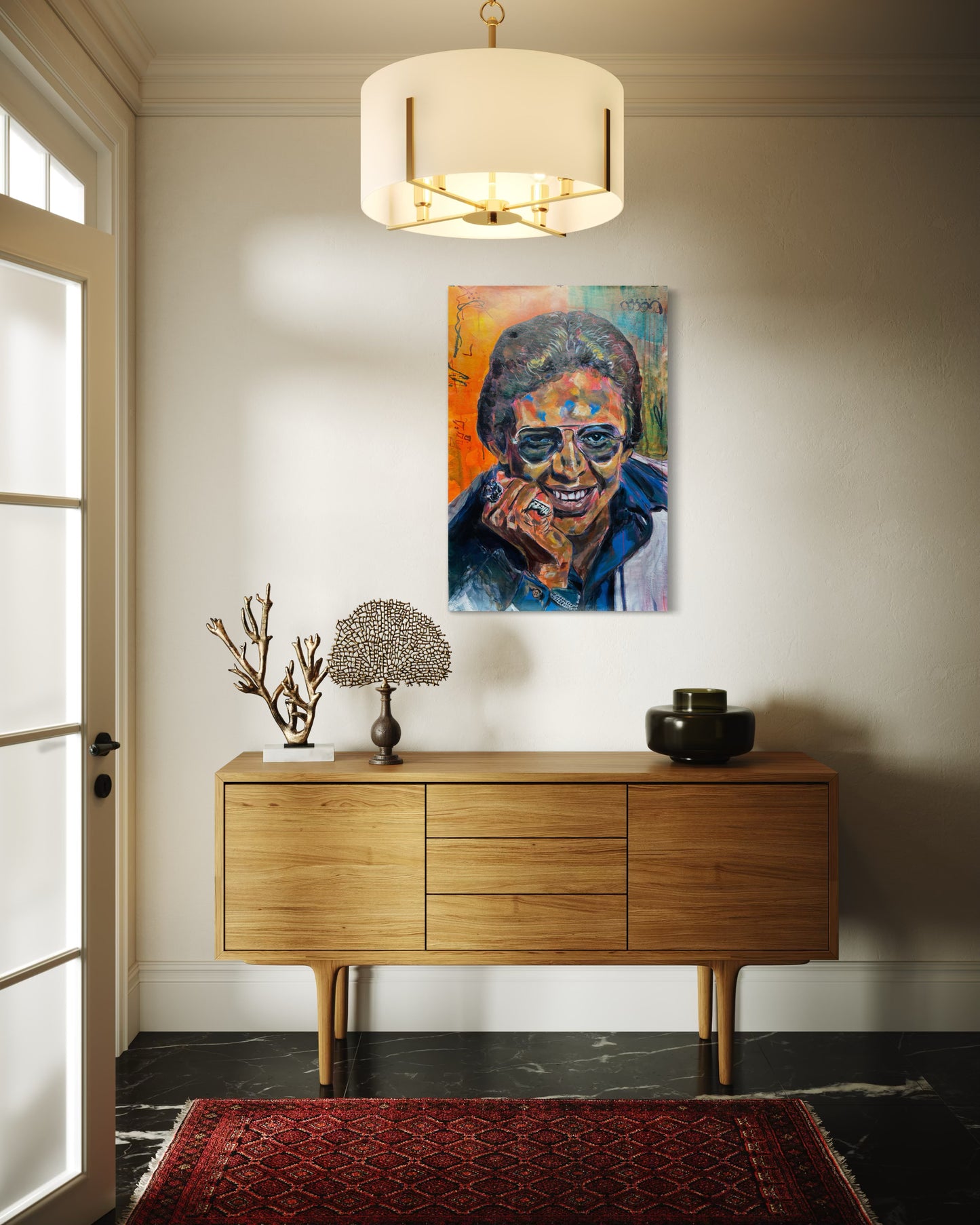 Hector Lavoe Painting above wooden dresser with stylish accessories