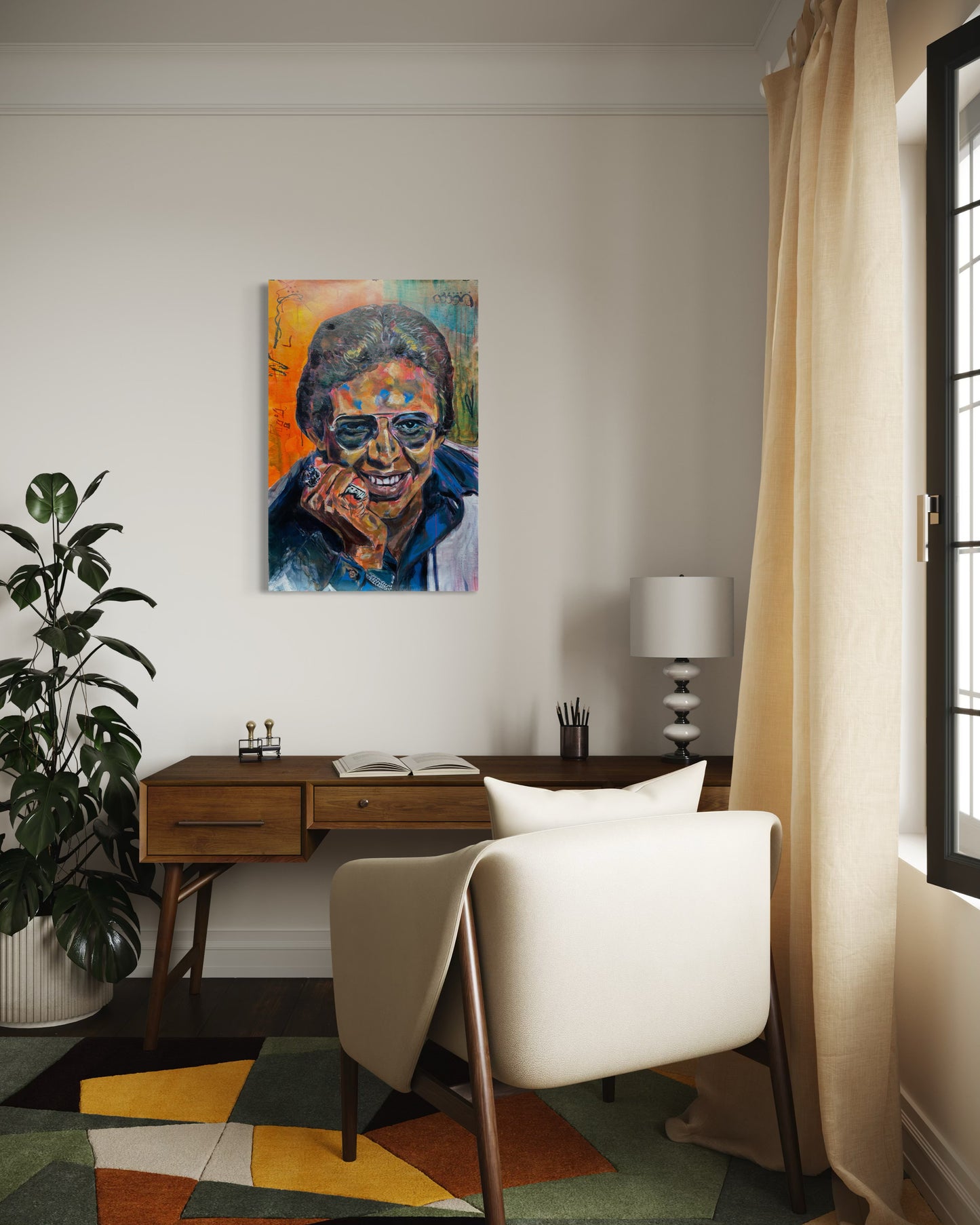 Hector Lavoe Painting in home office with colorful carpet