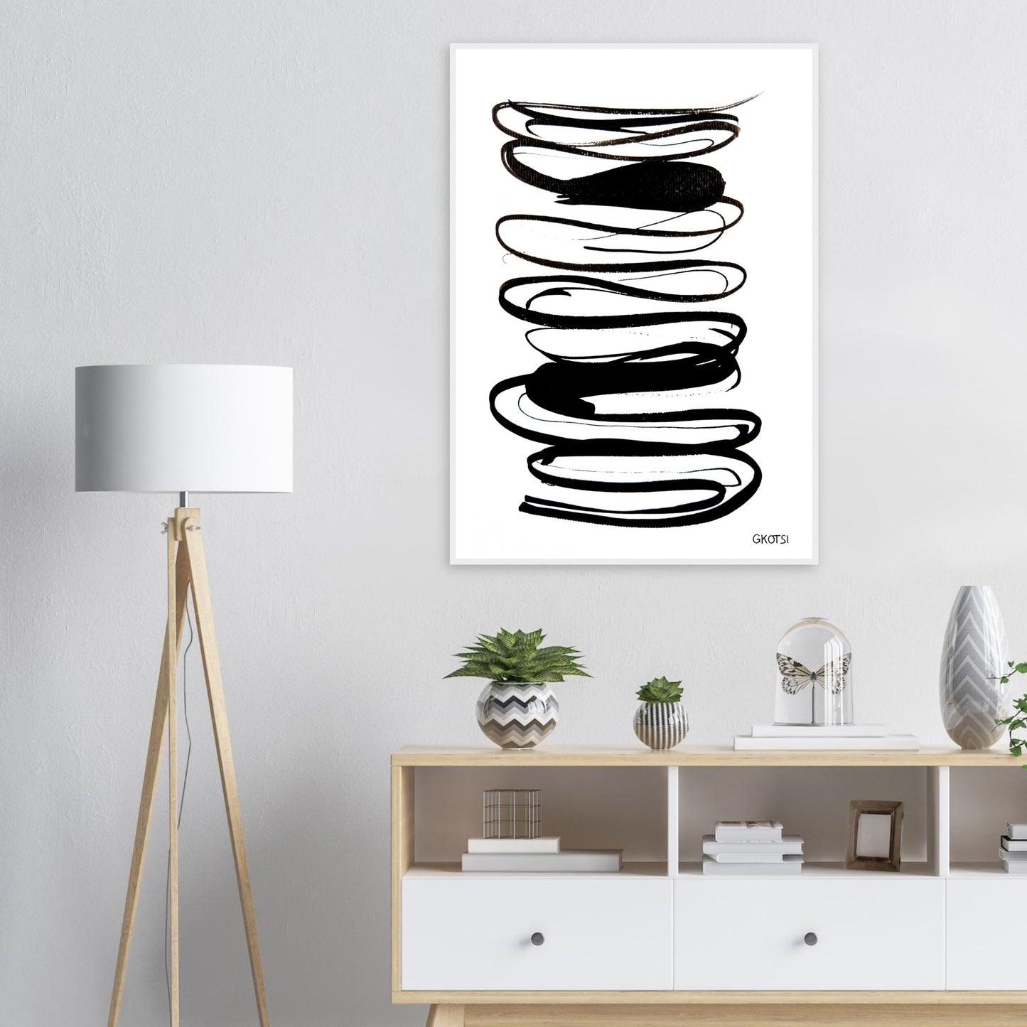 IN FLOW poster print above dresser in room interior