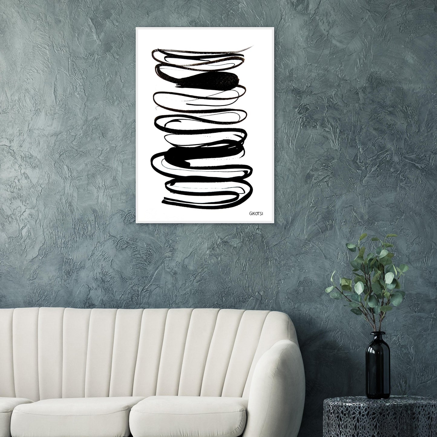 IN FLOW poster print above grey sofa in living room