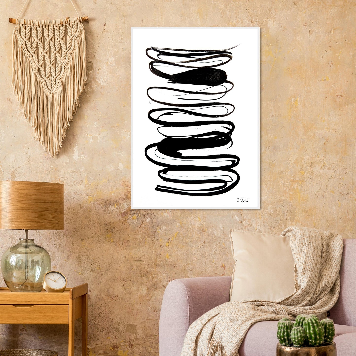 IN FLOW poster print in light brown living room interior