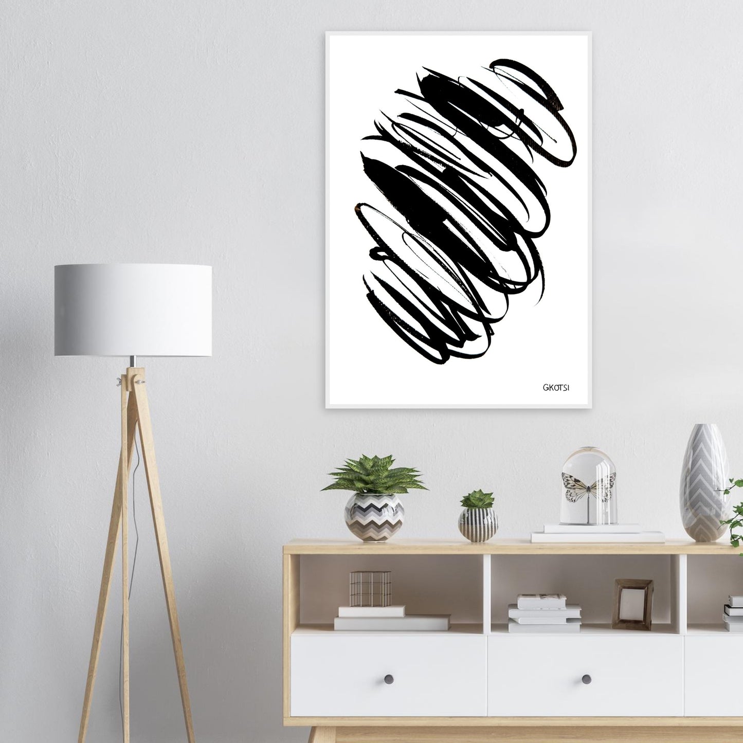 IN THE CURRENT poster print above dresser in room interior
