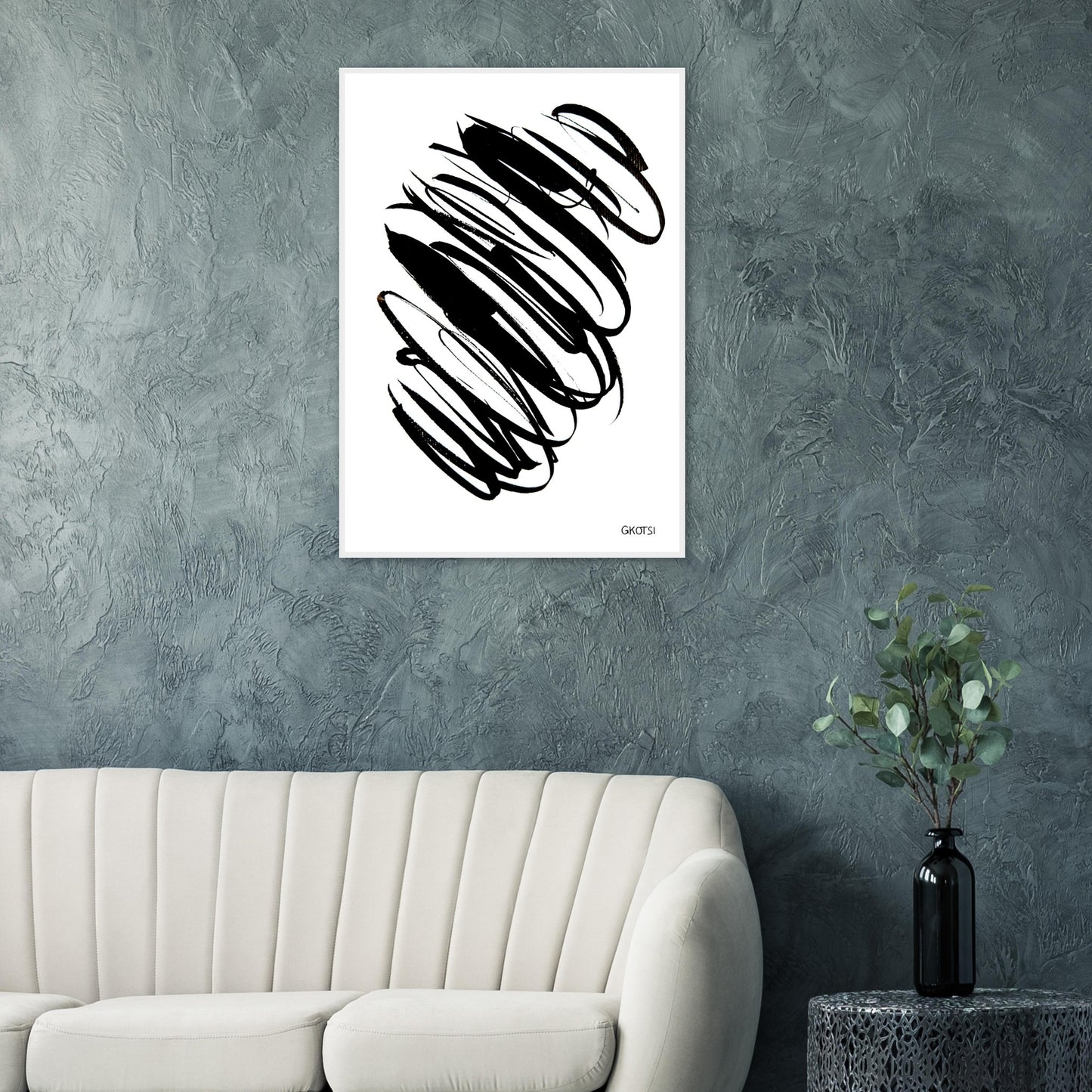 IN THE CURRENT poster print above grey sofa in living room