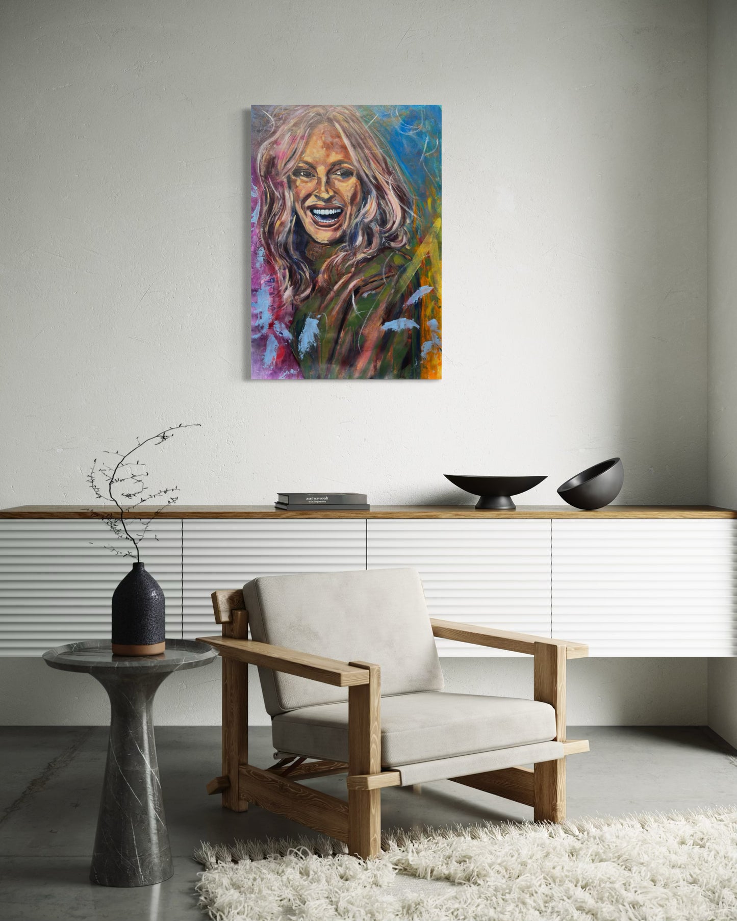 Julia Roberts Original Painting above dresser with stylish vase and chair