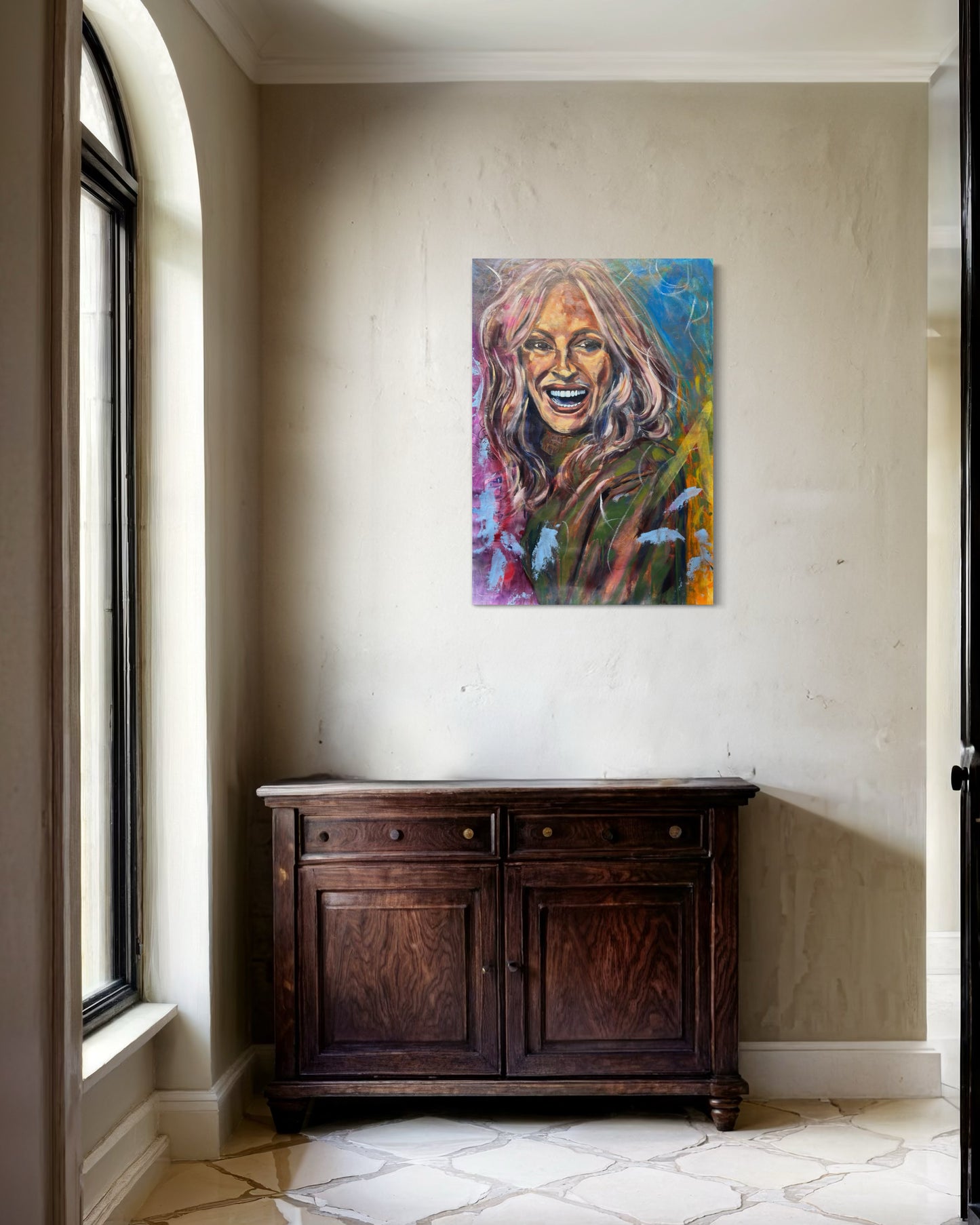 Julia Roberts Painting above antique wooden dresser minimal