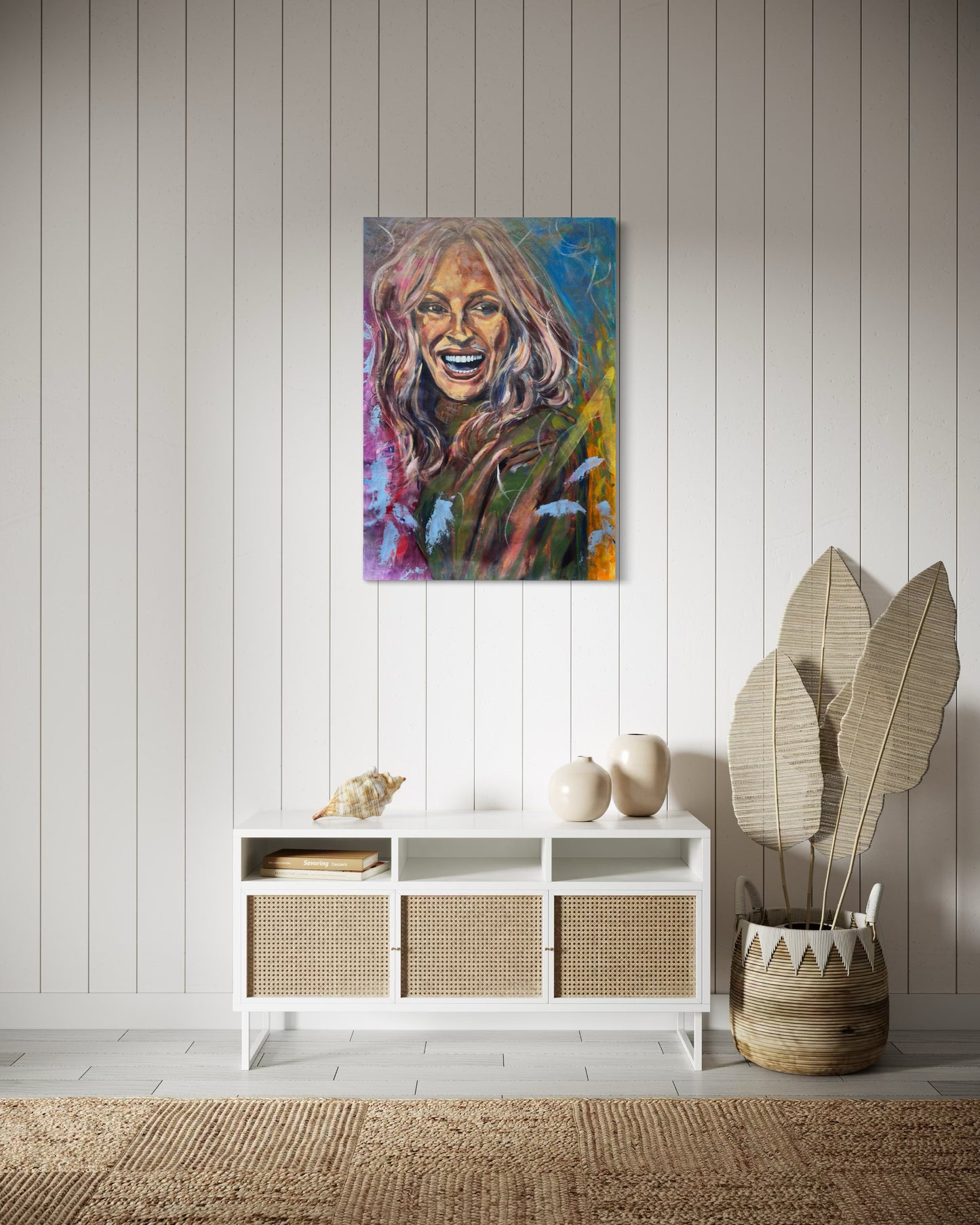 Julia Roberts Painting above beige modern dresser