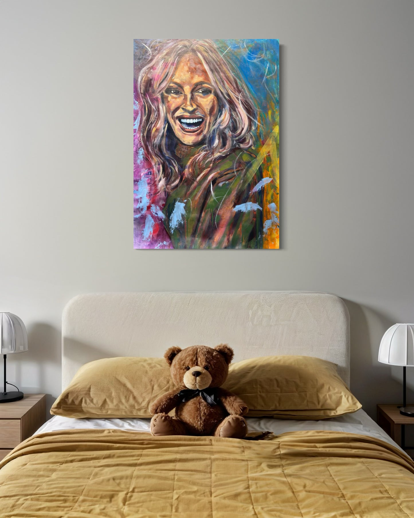 Julia Roberts Painting above bed with teddy bear