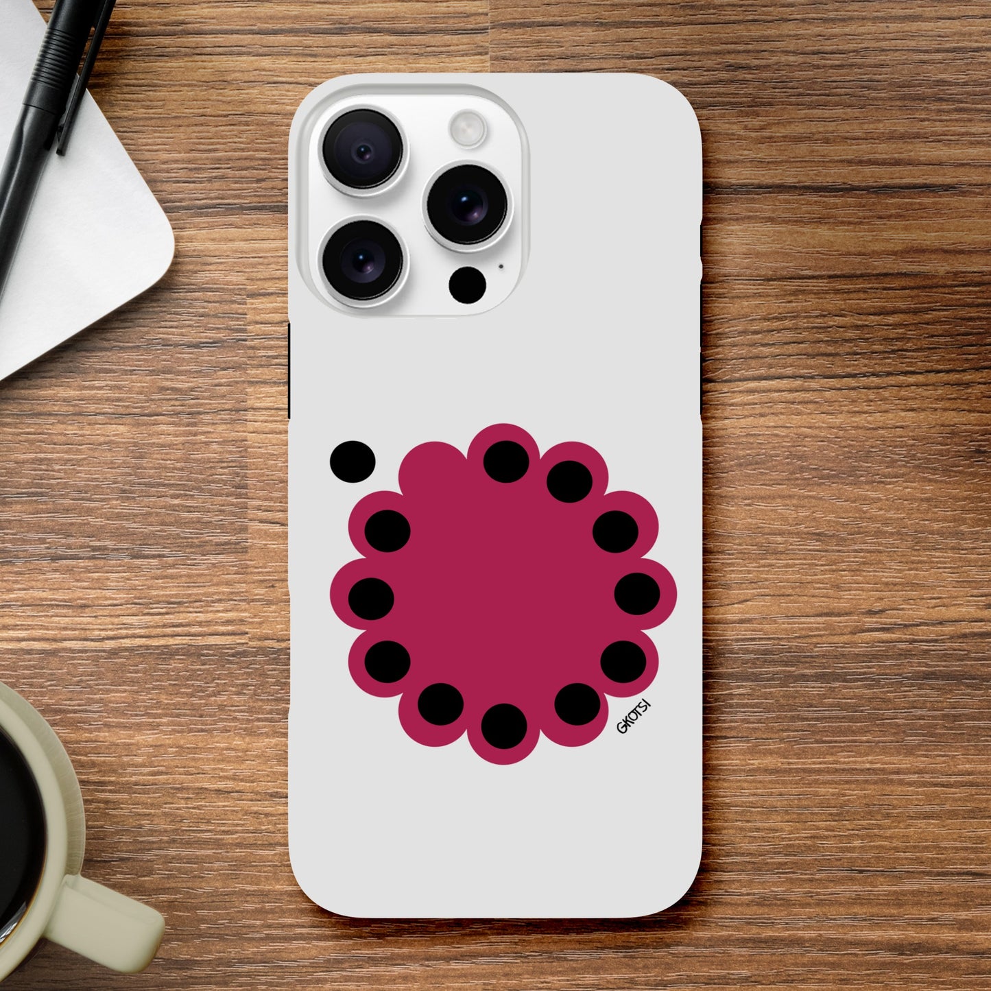 KNOWING empowering design Tough case in office setting with coffee cup