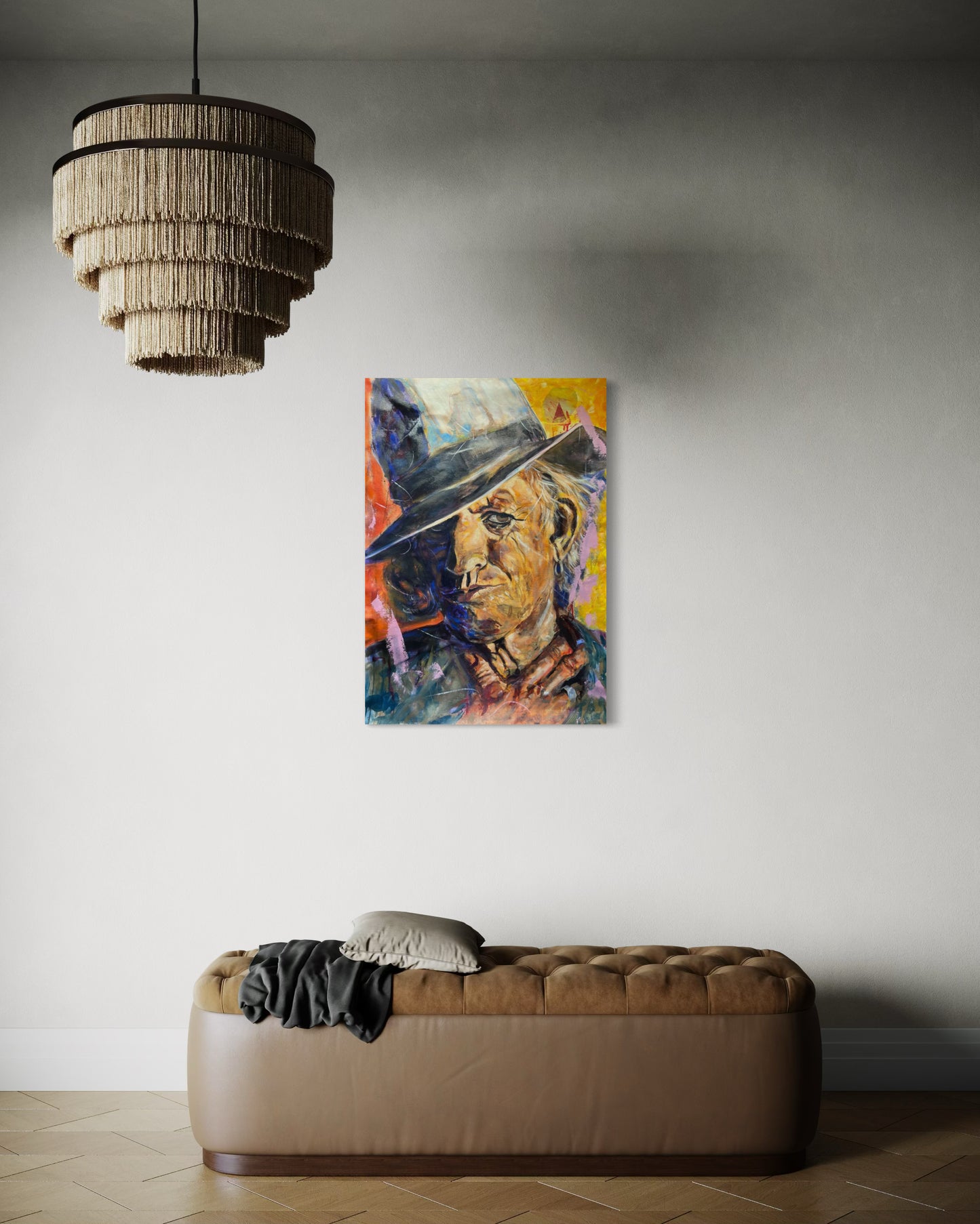 Keith Richards Painting above a leather sofa