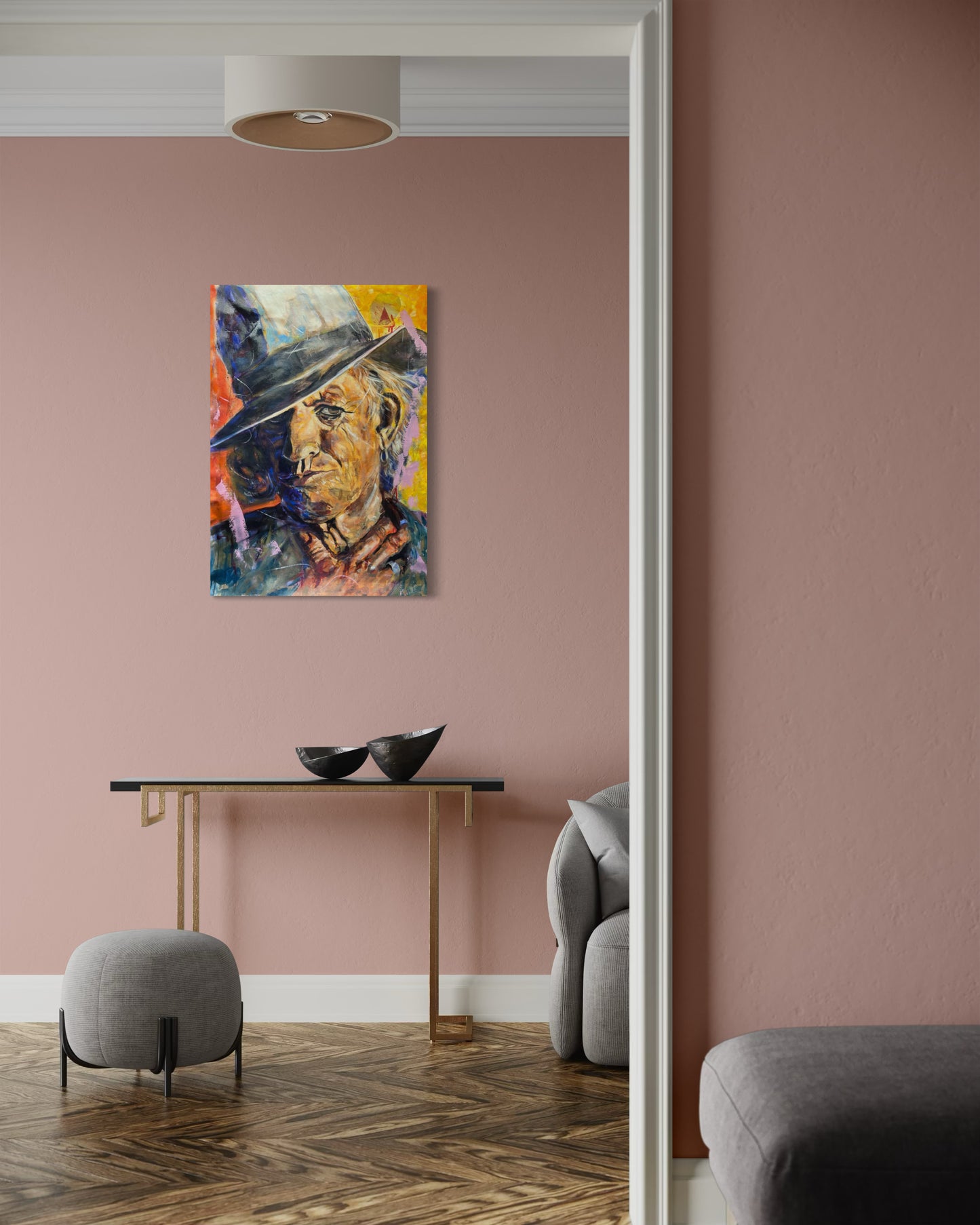 Keith Richards Painting above table in pink room