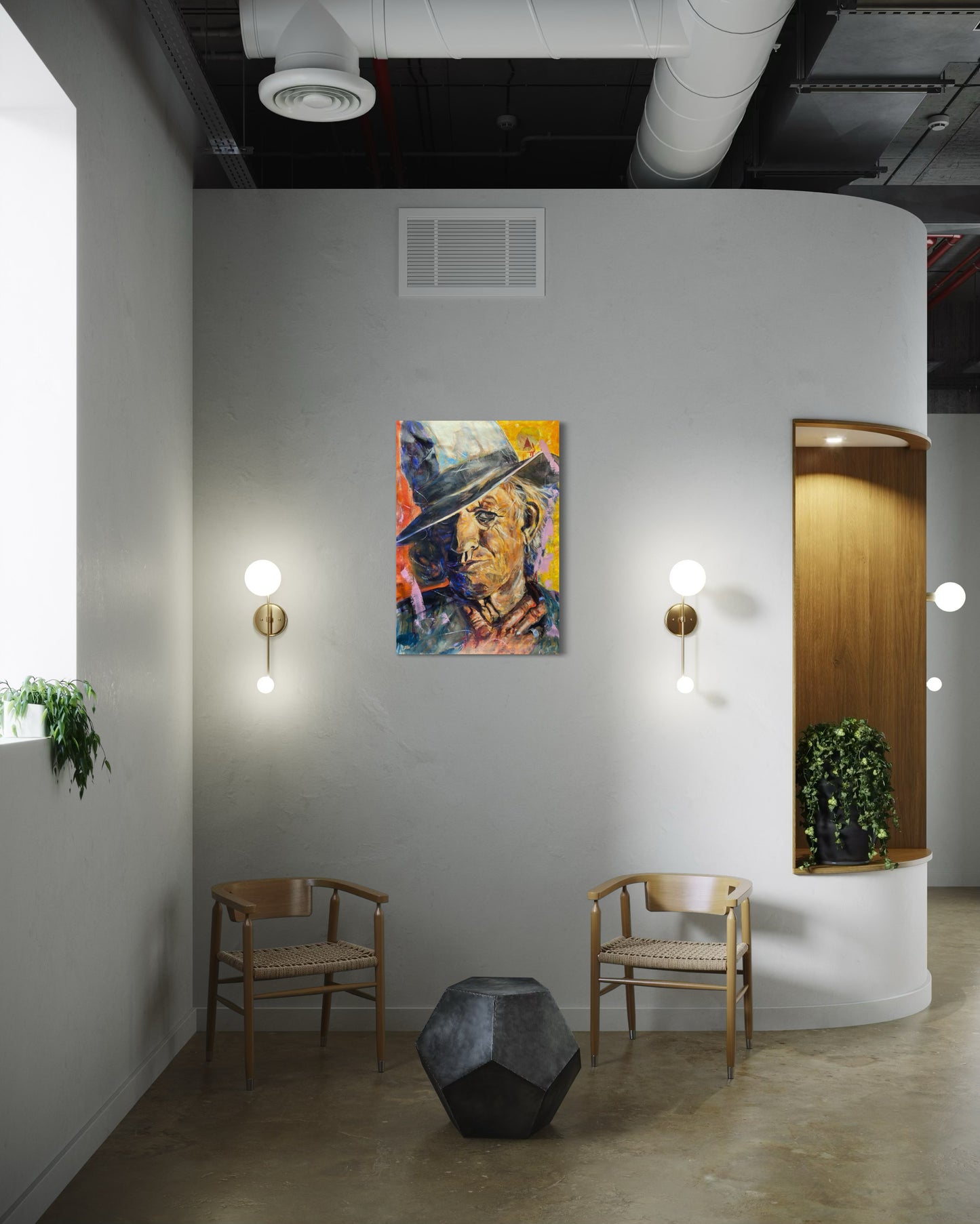 Keith Richards Painting in between two lights on wall