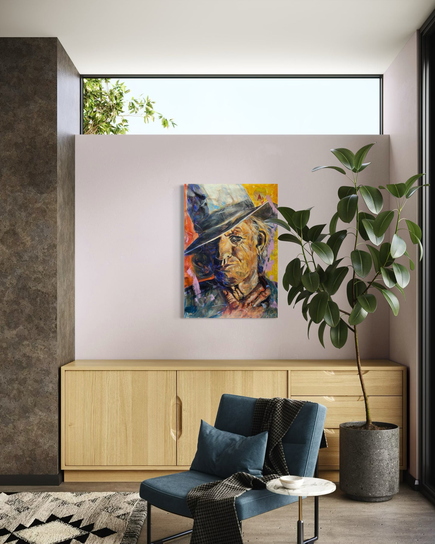 Keith Richards Painting above modern beige wooden dresser