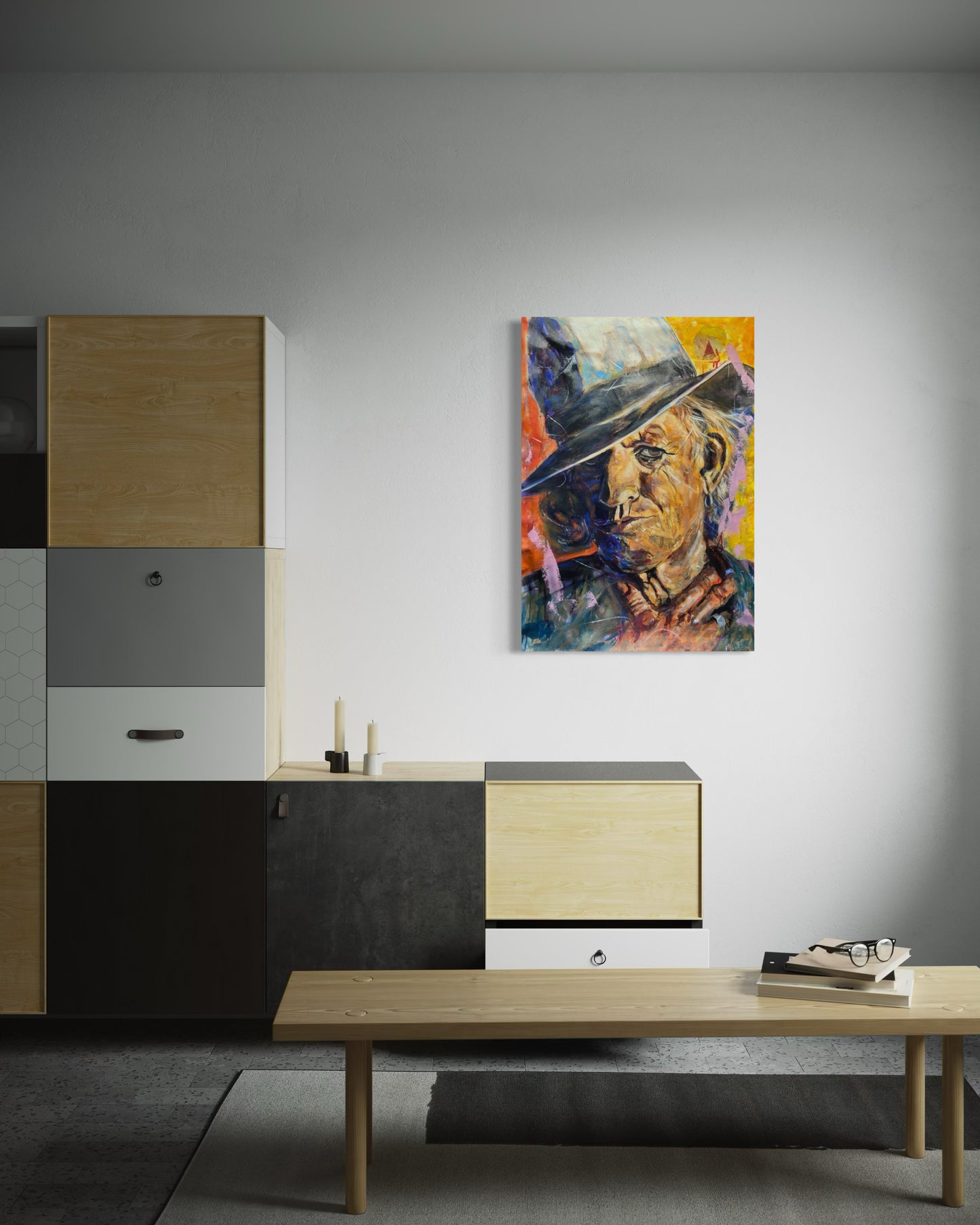Keith Richards Painting with cabinet dresser