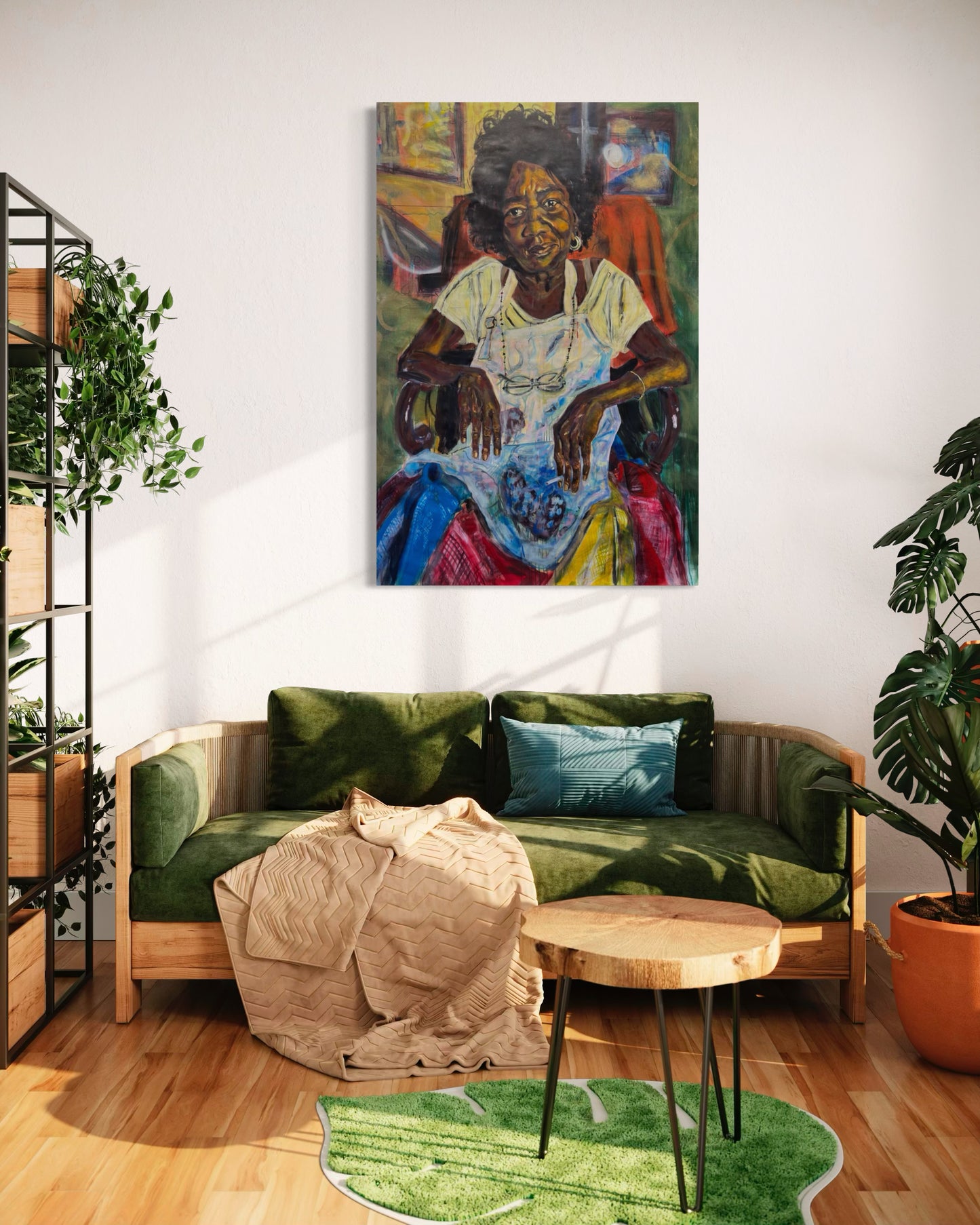 La Profesora Travel Original Painting in living room with plants