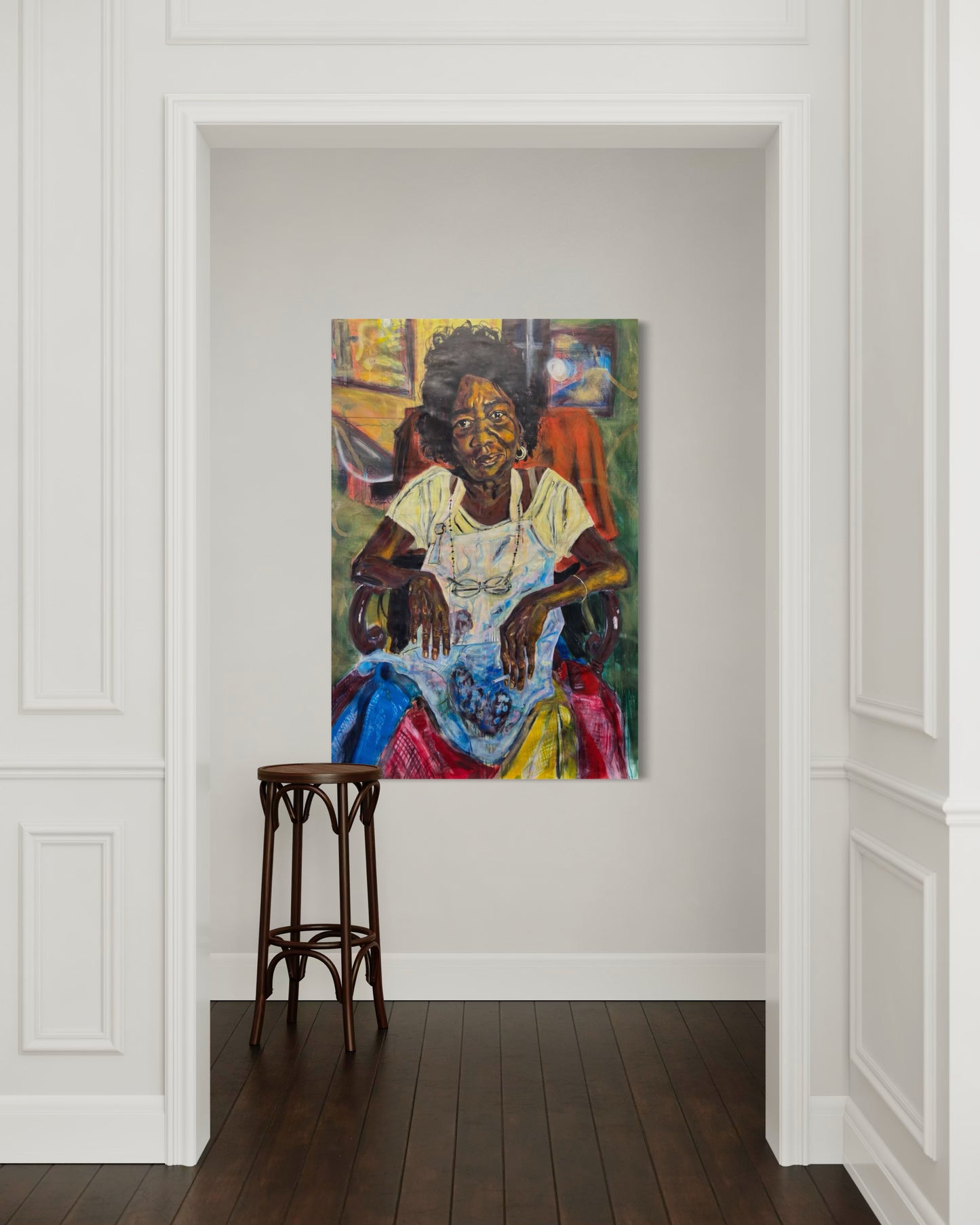 La Profesora Travel Original Painting in hallway with bar stool