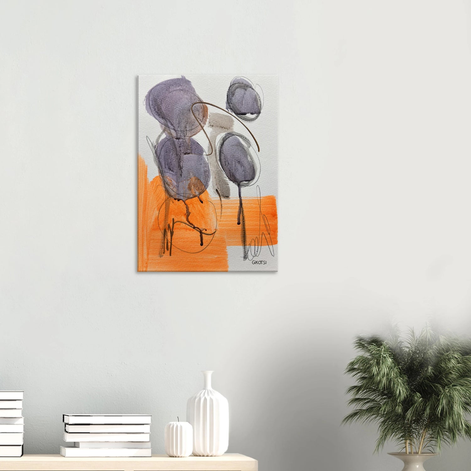 Liberty minimal canvas print above white stylish table with plant