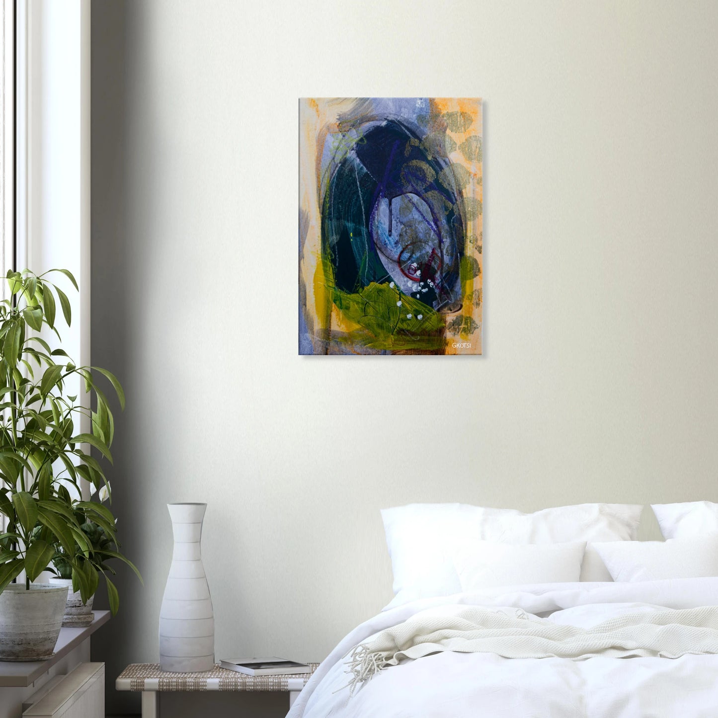 LIGHTLY canvas print above bedroom with small plant