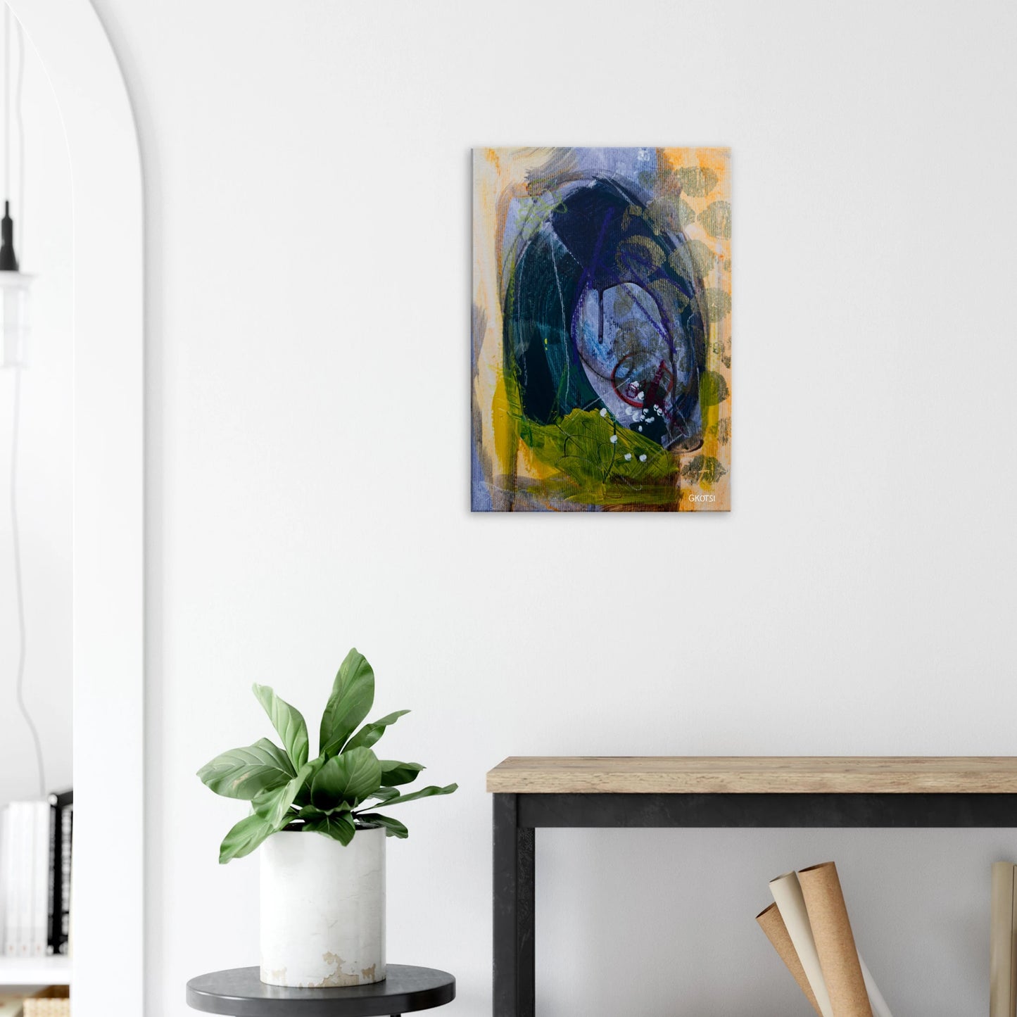 LIGHTLY canvas print above sideboard table with small plant