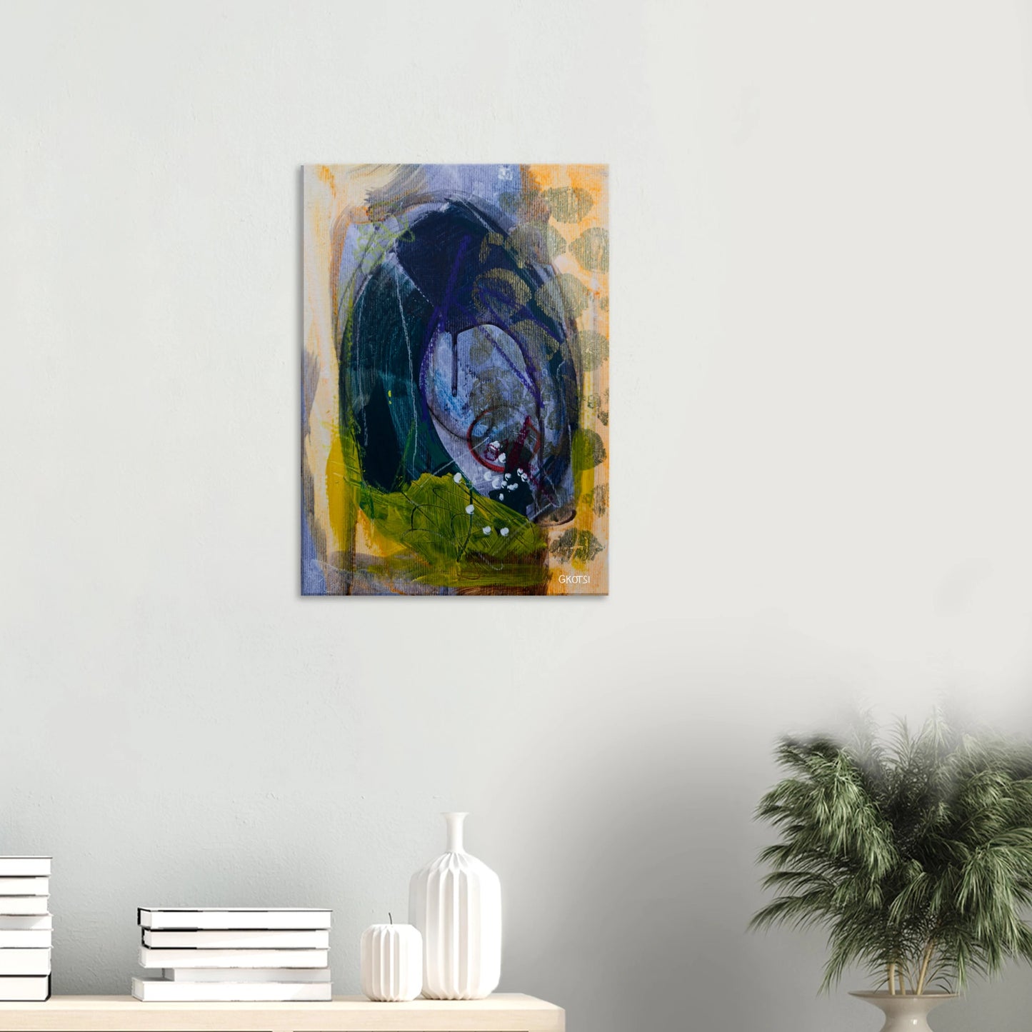LIGHTLY canvas print above wooden table with small plant