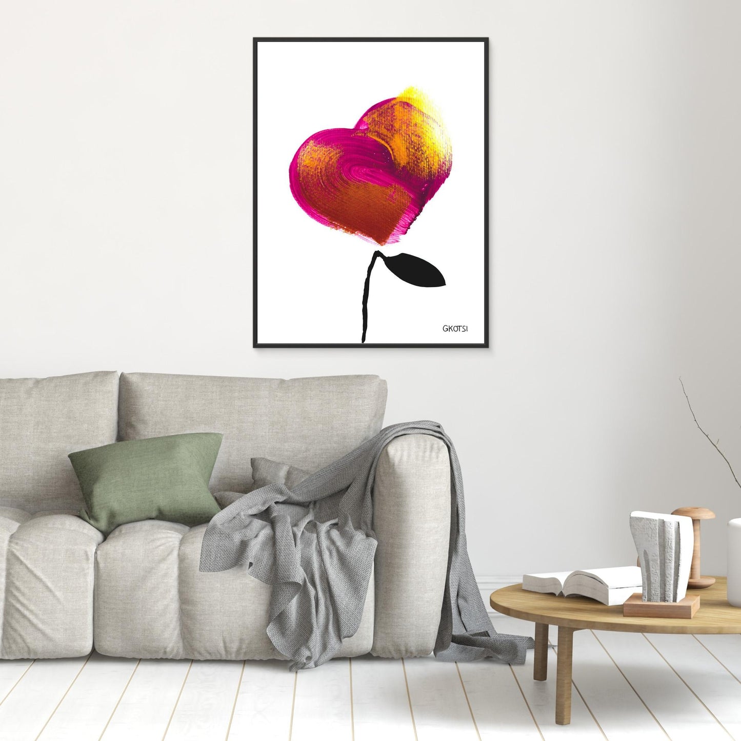 LOVE canvas print above grey sofa in modern living room