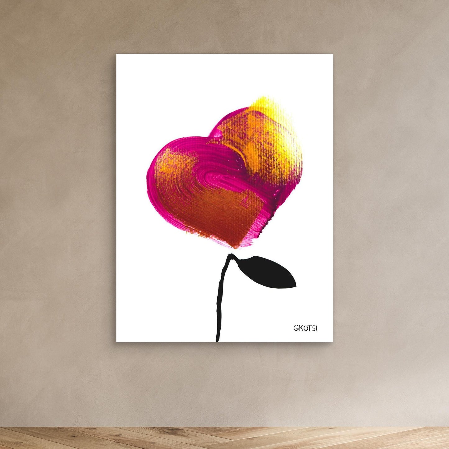 LOVE canvas print on light brown wall above wooden floor