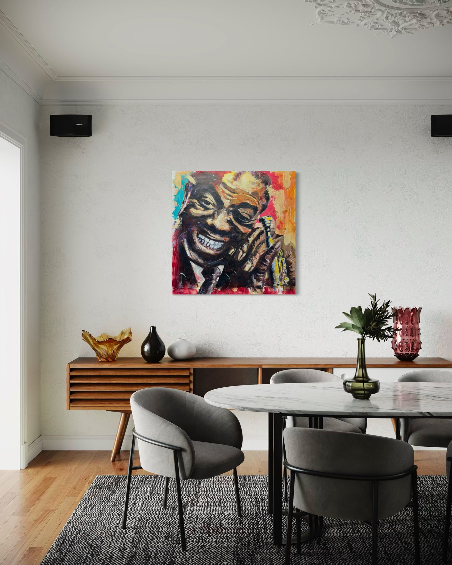 Louis Armstrong Original Painting above a classic wooden dresser