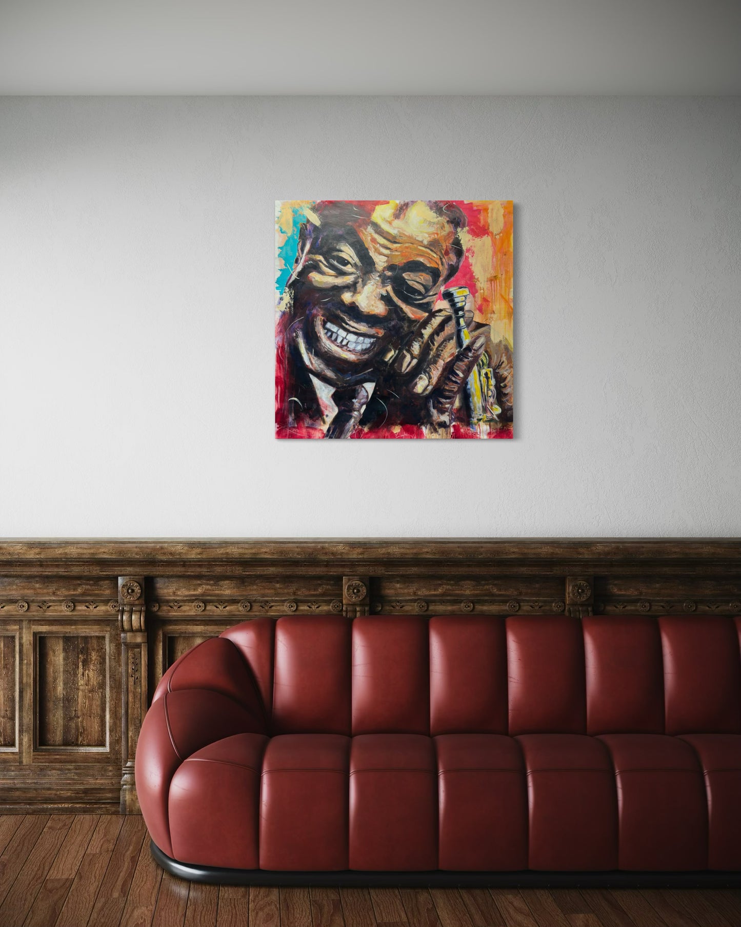 Louis Armstrong Painting above a luxury red leather couch