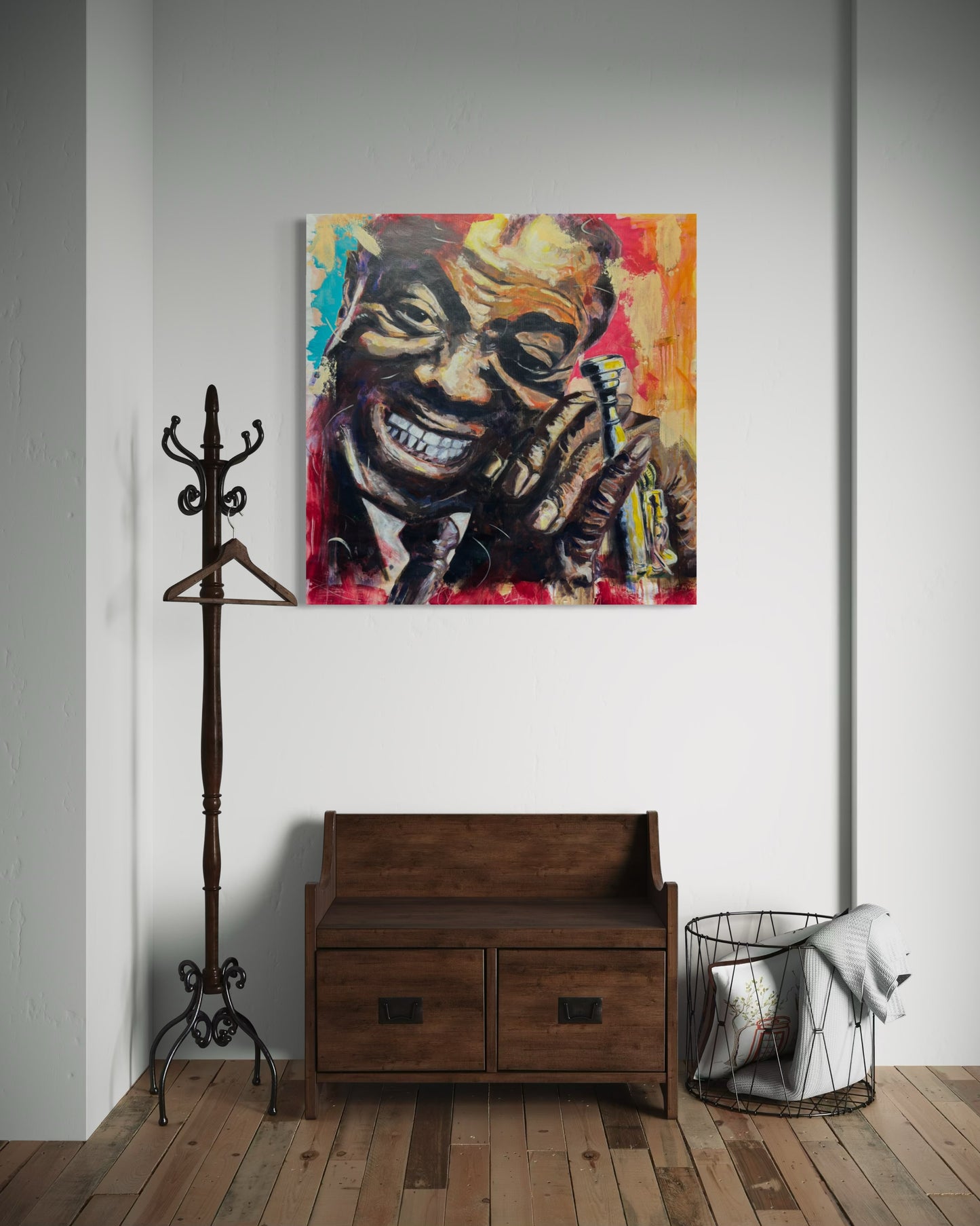 Louis Armstrong Original Painting above a wooden dresser with clothing rack
