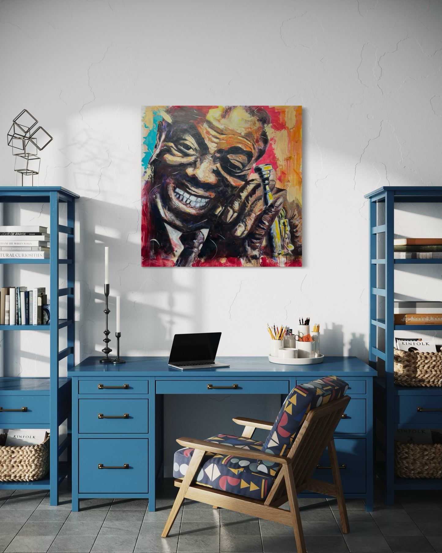 Louis Armstrong Original Painting above a youthful blue desk