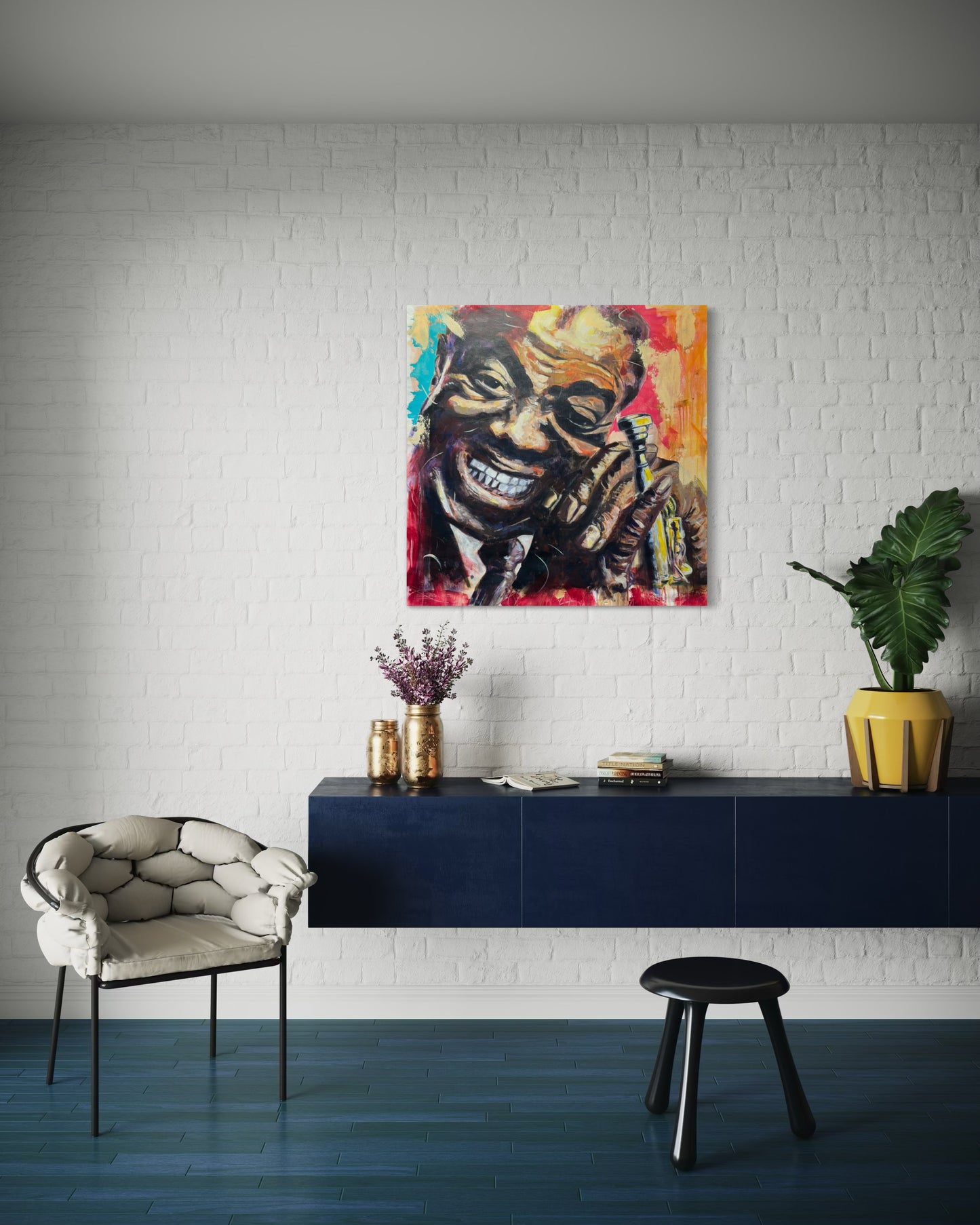 Louis Armstrong Original Painting above a stylish blue dresser with white wall