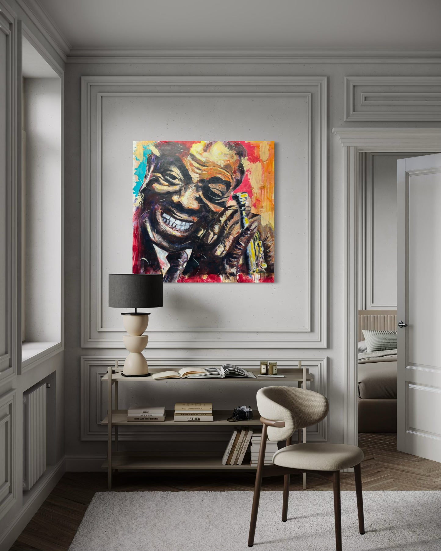 Louis Armstrong Original Painting above a reading dresser with lamp
