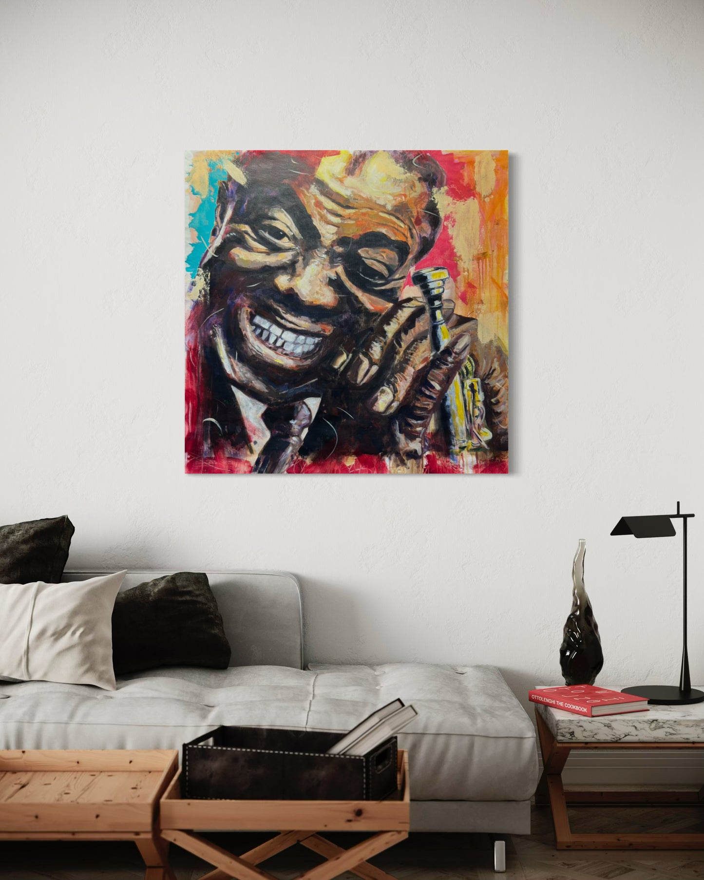 Louis Armstrong Original Painting in a cozy living room corner
