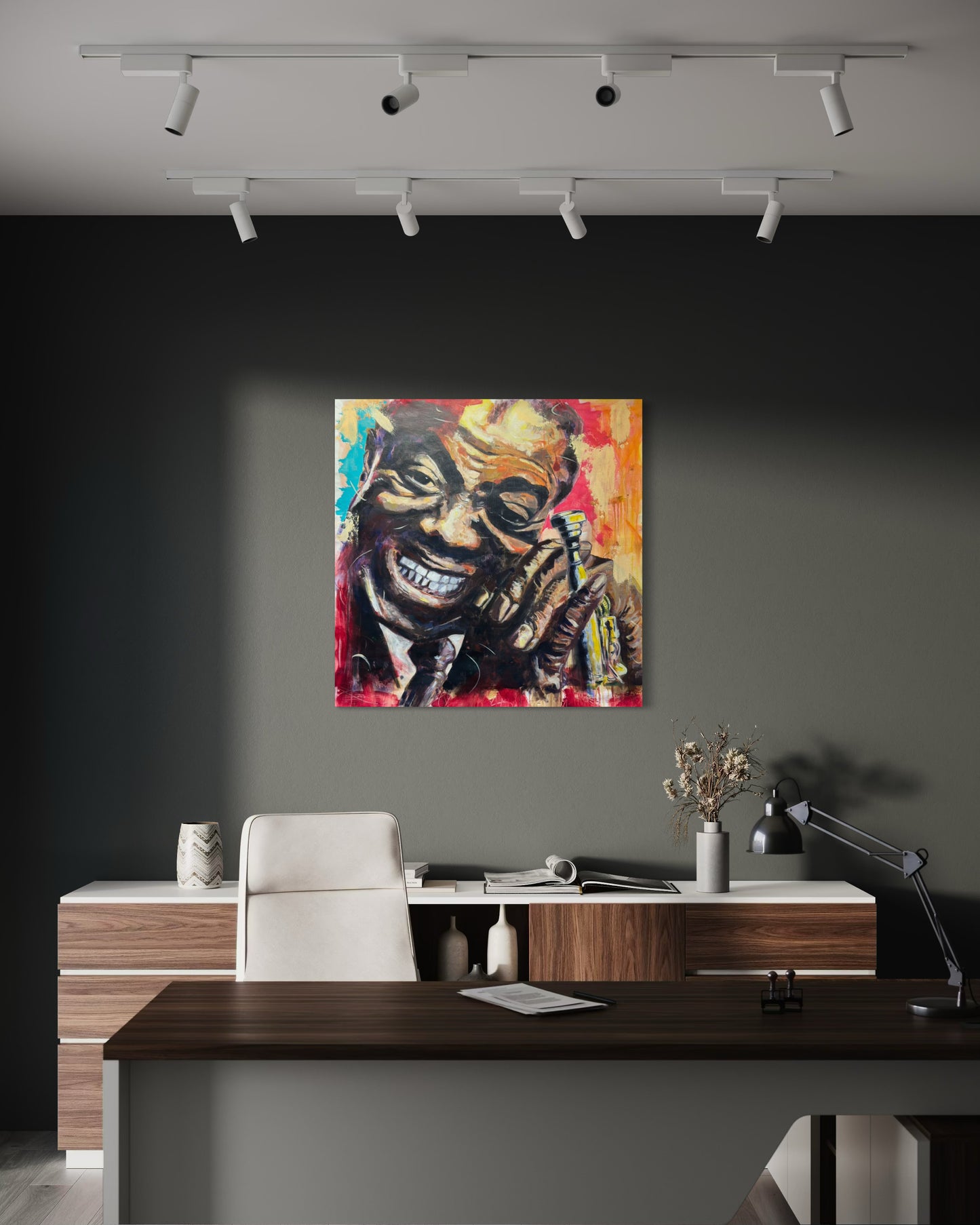 Louis Armstrong Original Painting in a modern office