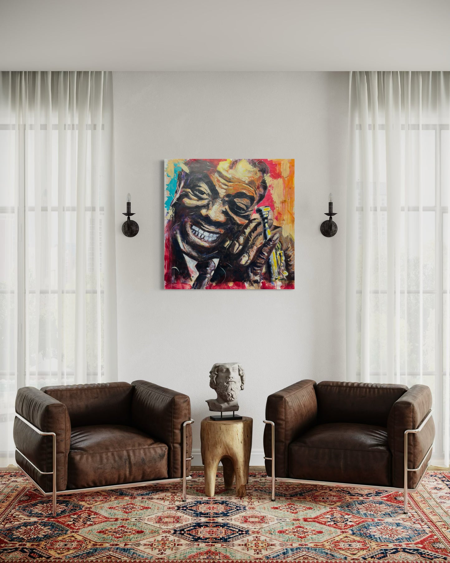 Louis Armstrong Original Painting in living room with two leather sofas